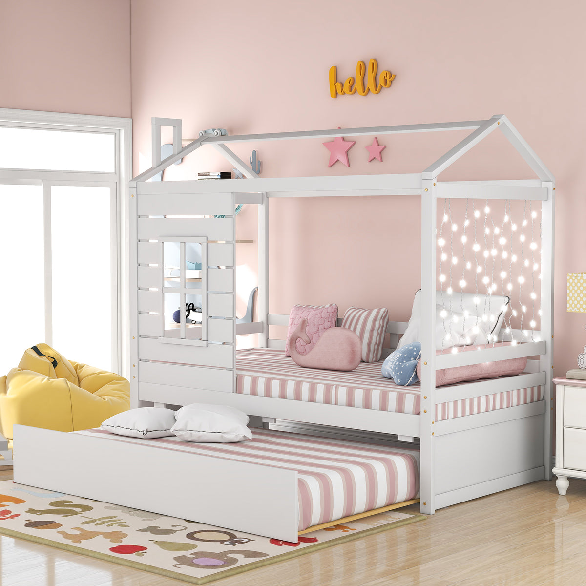 Twin Solid Wood House Bed With Trundle