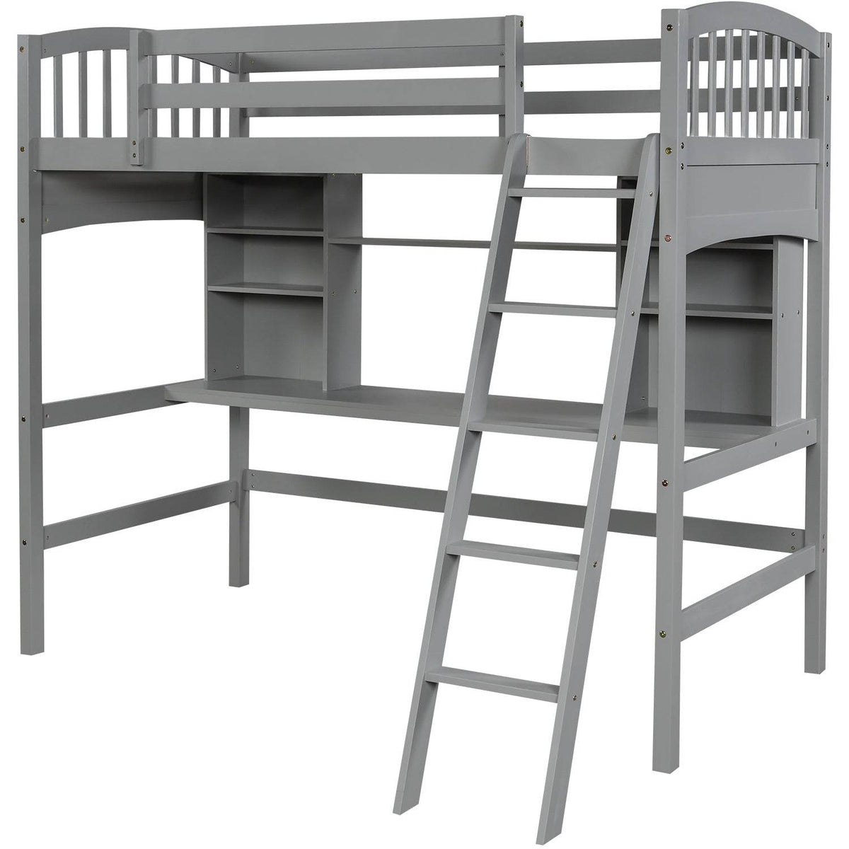 Twin Solid Wood Loft Bed With Desk and Storage Shelves