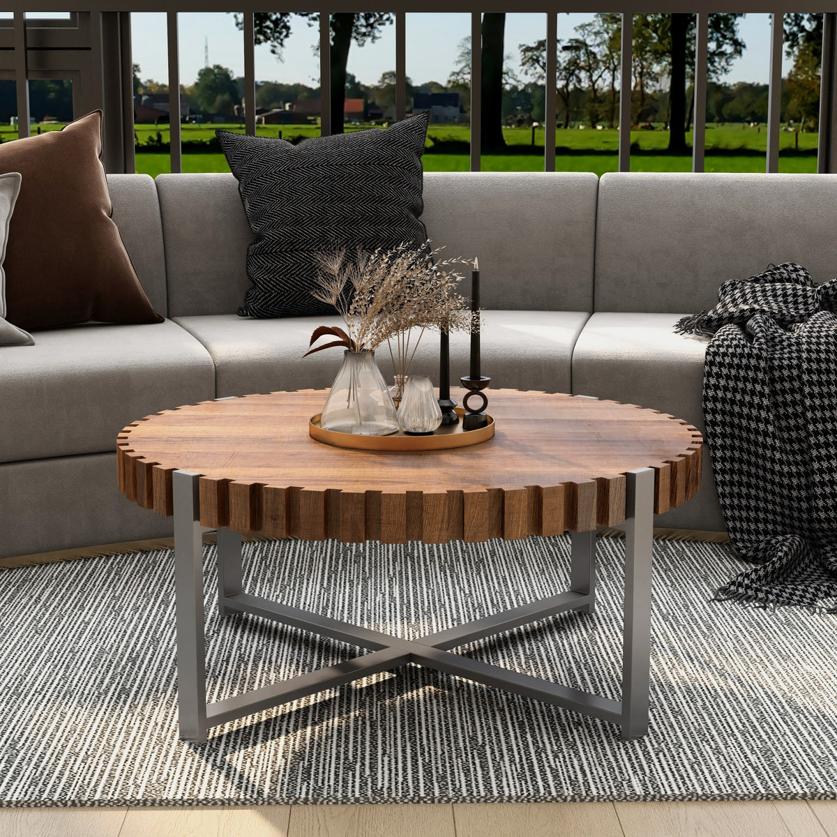 Modern Circular Wood Grain Drum-Shaped Coffee Table