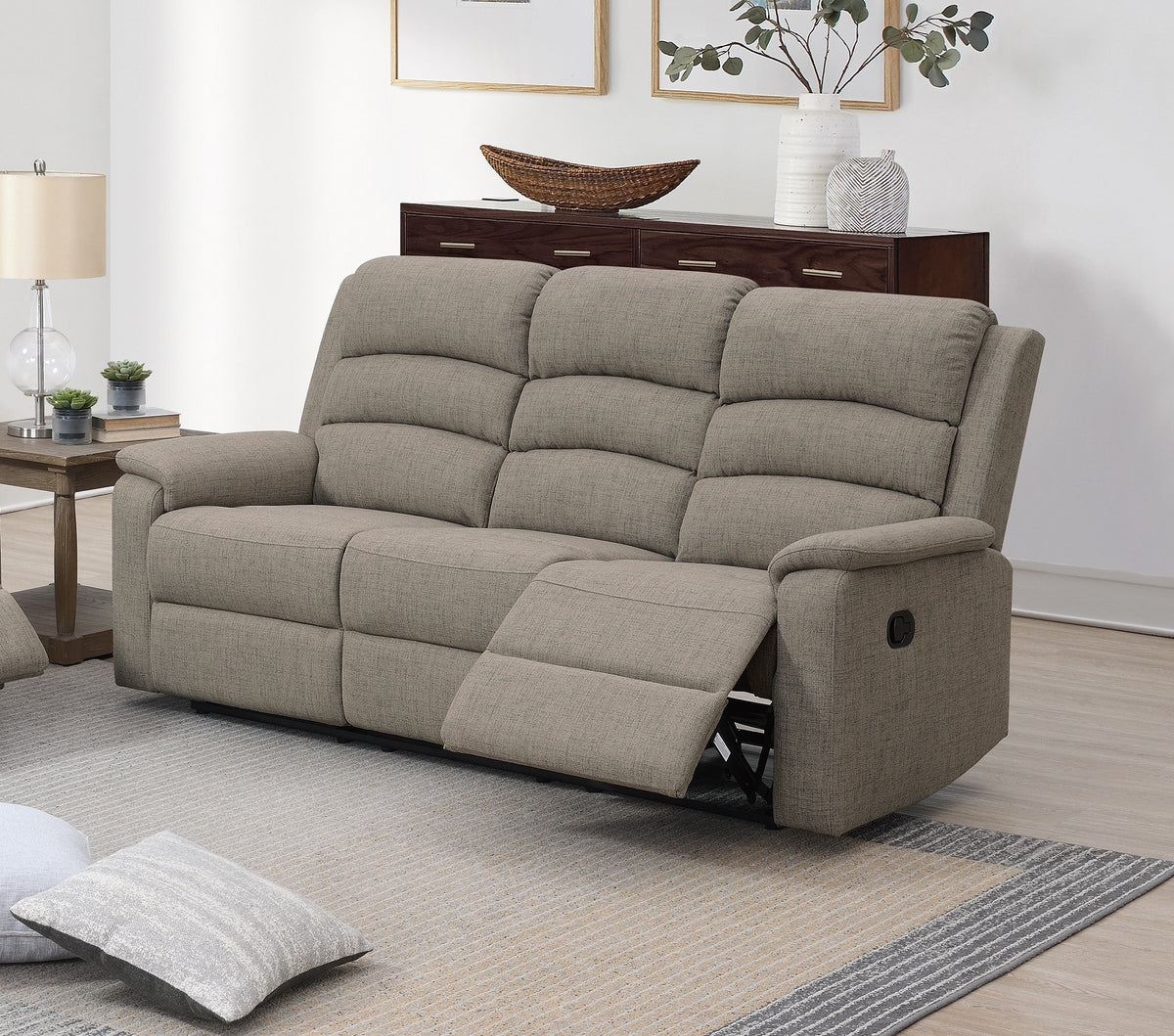 Modern Light Brown Burlap Fabric Manual Recliner Sofa