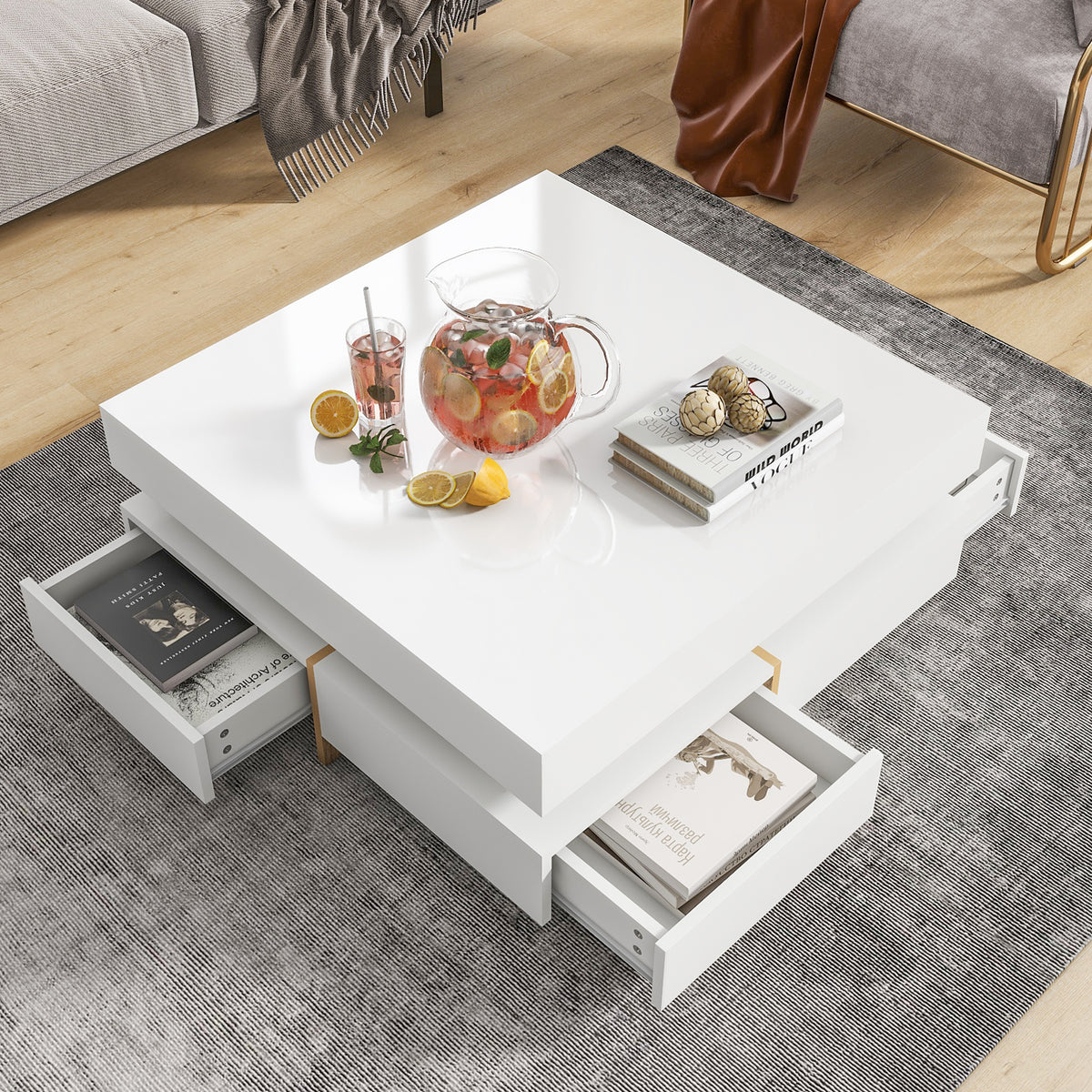 Modern High Gloss White Coffee Table With Drawers