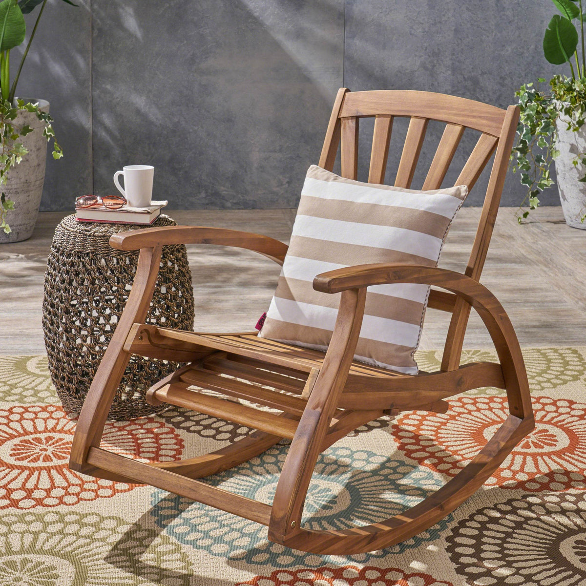 Outdoor Acacia Wood Rocking Chair With Retractable Footrest