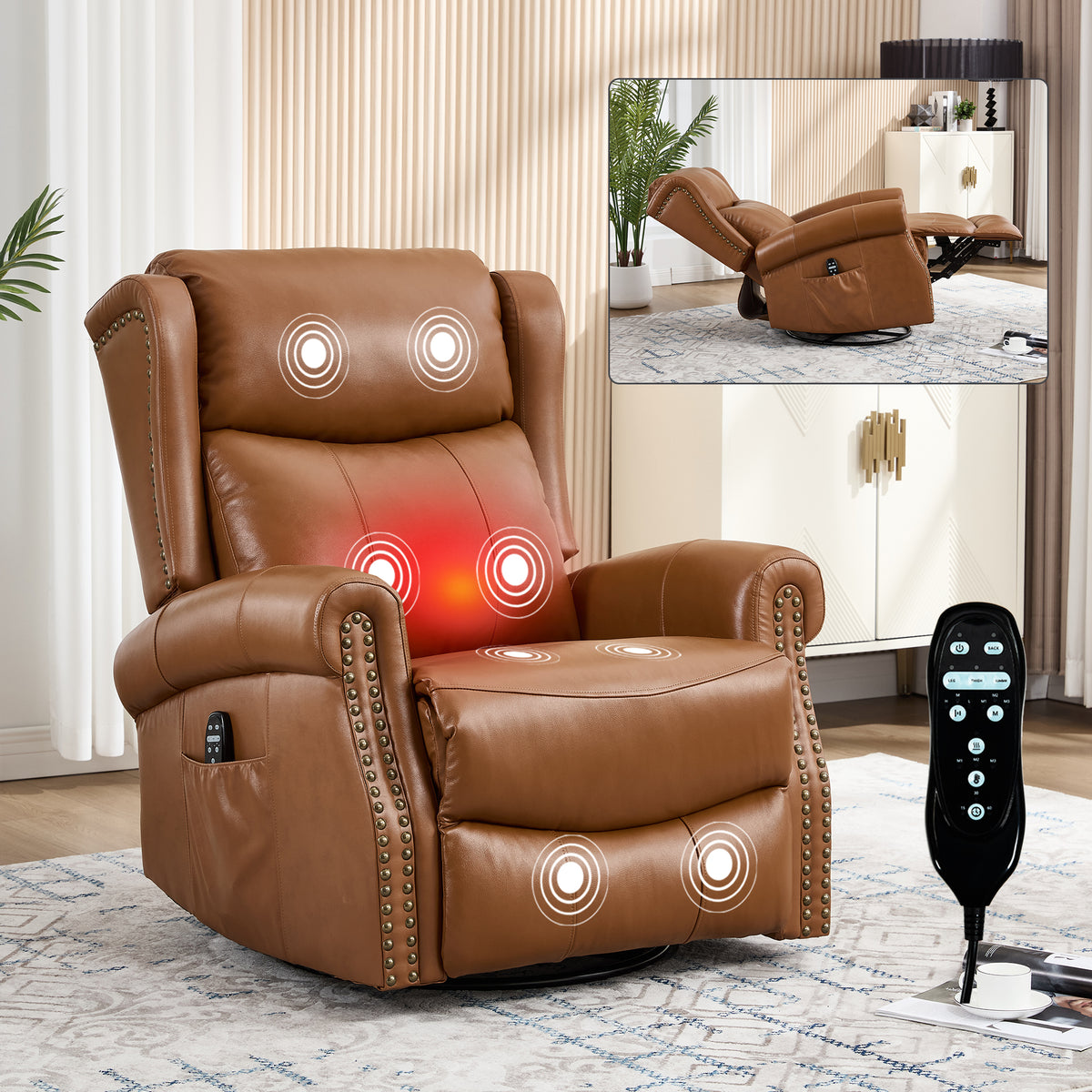 Medium-Firm Genuine Leather Swivel Rocking Massage Recliner Chair
