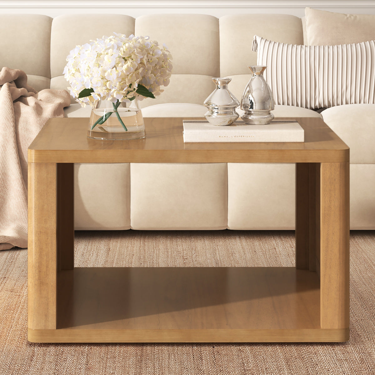 Natural Farmhouse Square Coffee Table With Storage