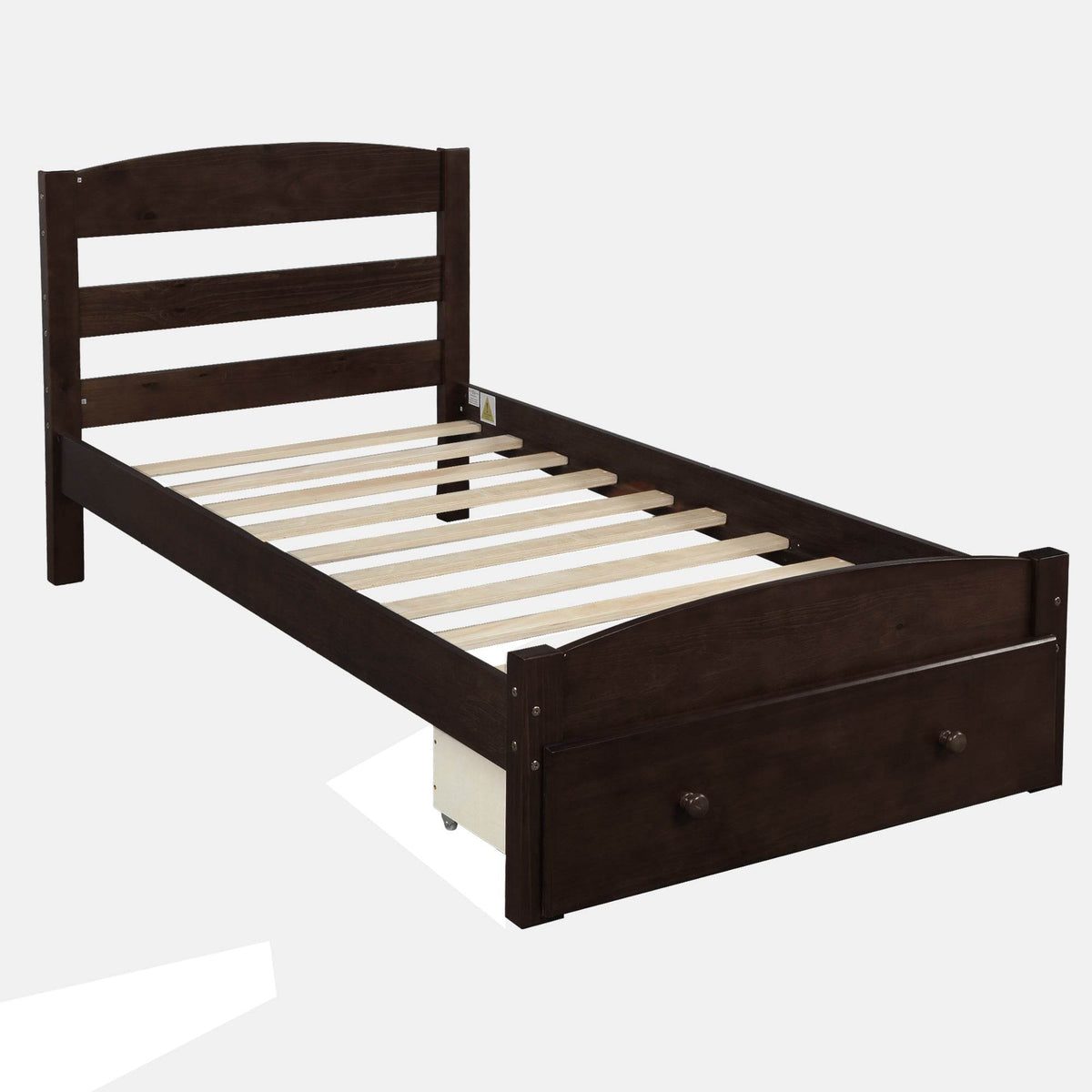 Twin Solid Wood Espresso Platform Bed Frame With Storage Drawer