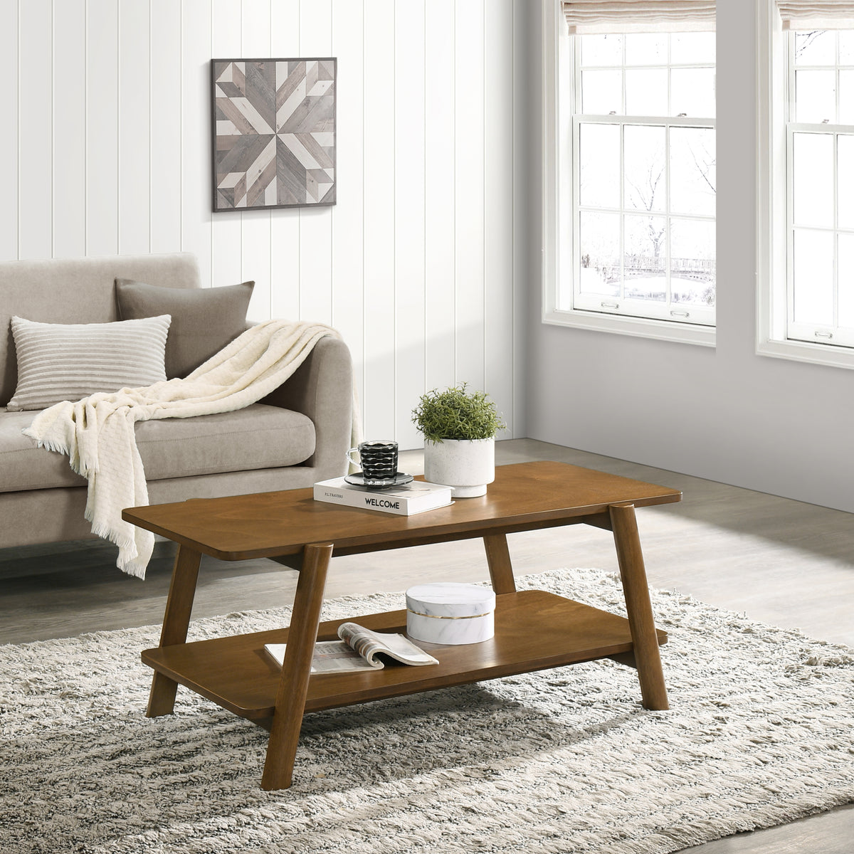 Mid-Century Modern Walnut Wood Shelf Coffee Table