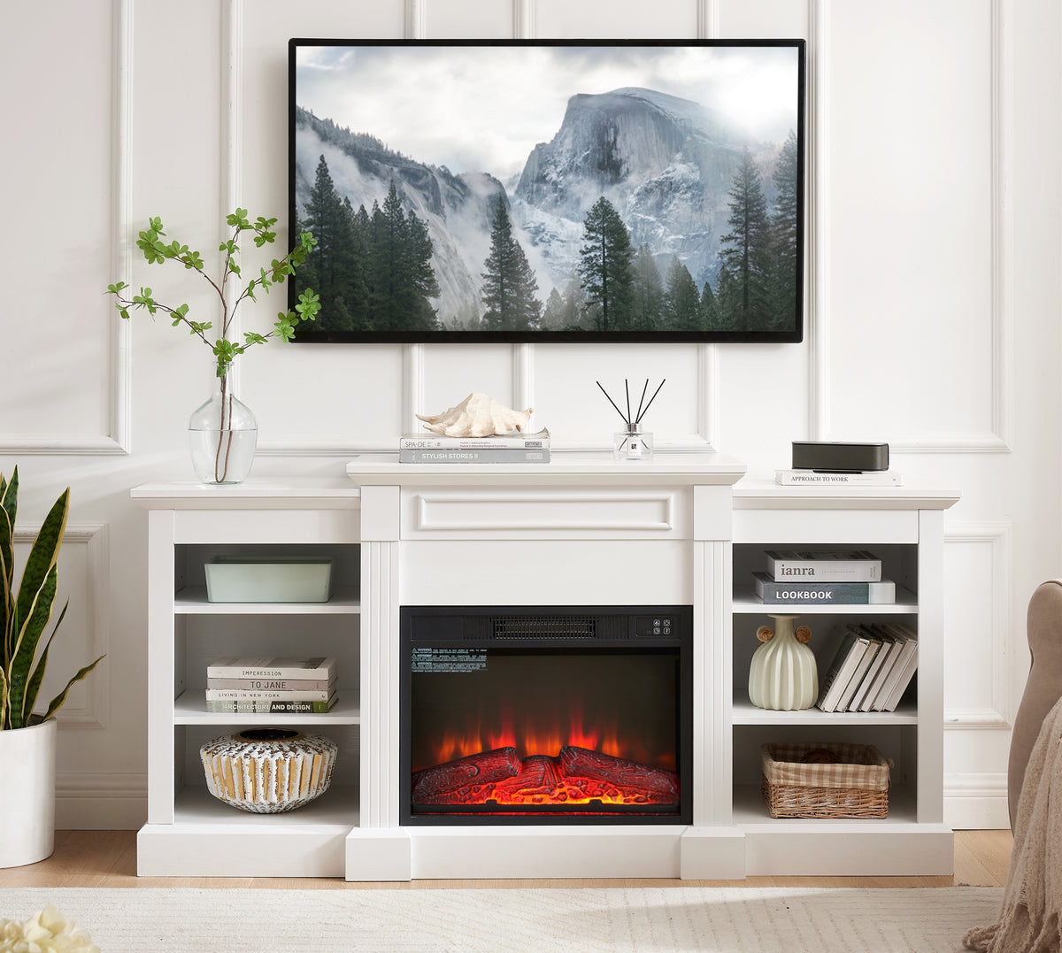 White Media Console Table With Fireplace Insert