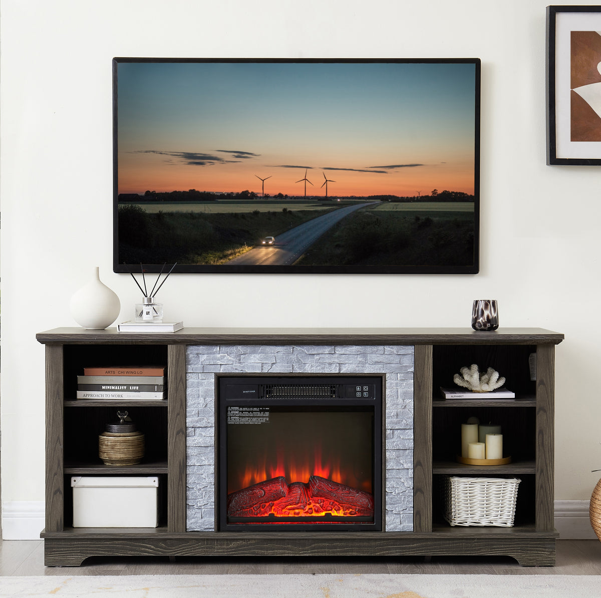 Electric Fireplace TV Media Stand With Storage