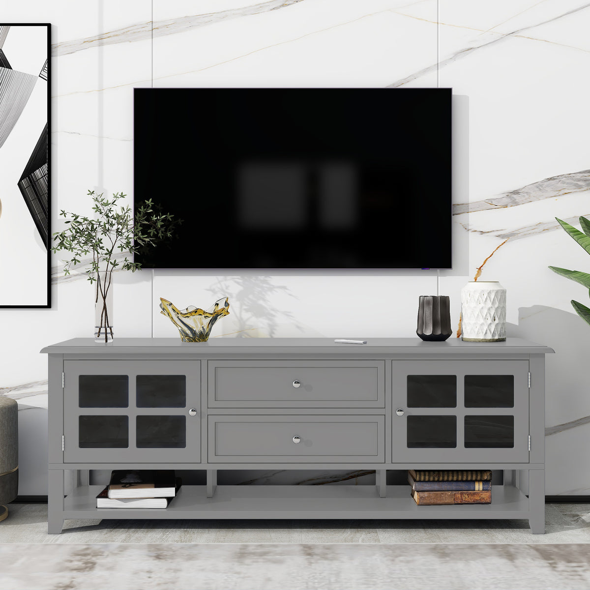 Modern Grey MDF TV Stand With Storage Cabinet