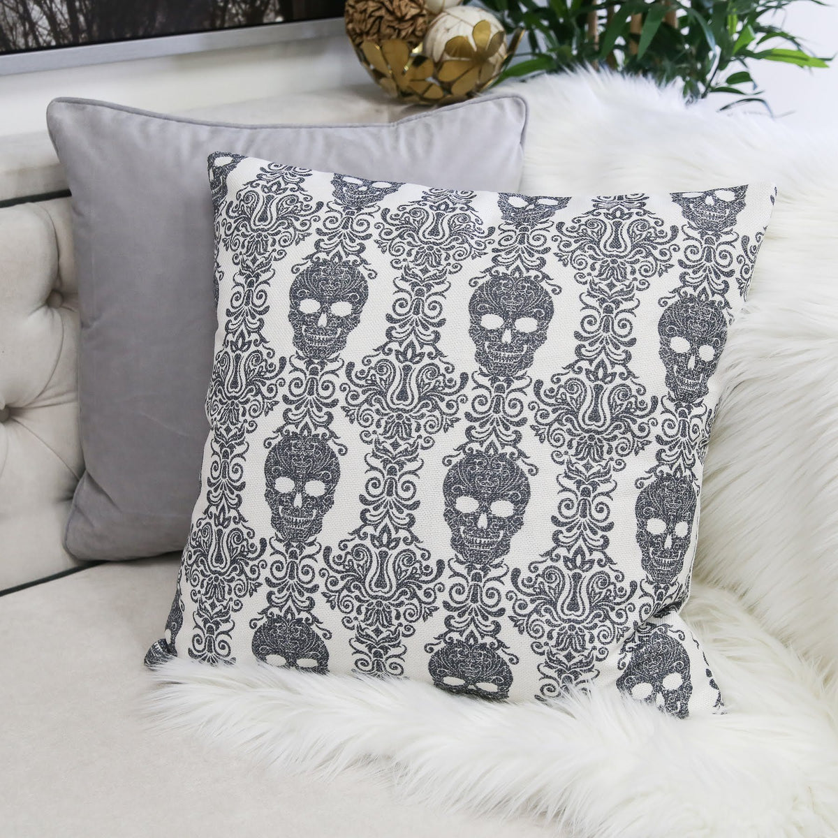 Gothic Damask Skull Cotton Linen Throw Pillow 20x20 Inch