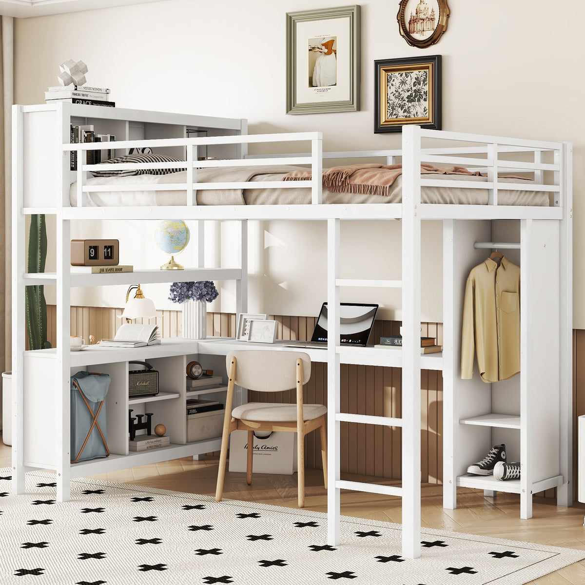 Full Metal Loft Bed With Wardrobe And L-Shaped Desk