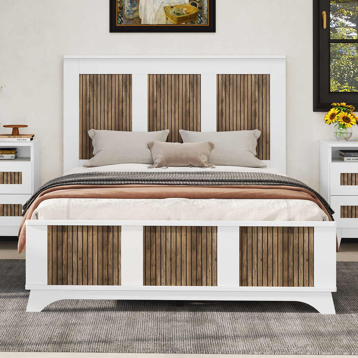 Full Farmhouse Wooden Platform Bed With Plywood Slats