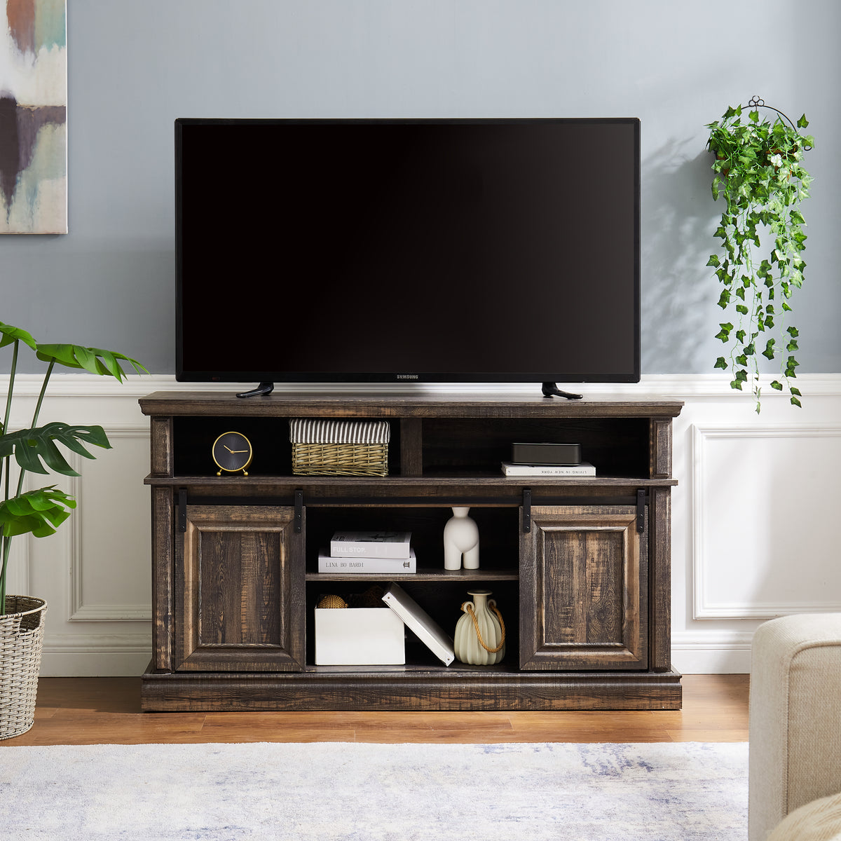Mid Century Antique Brown MDF Media Console Table