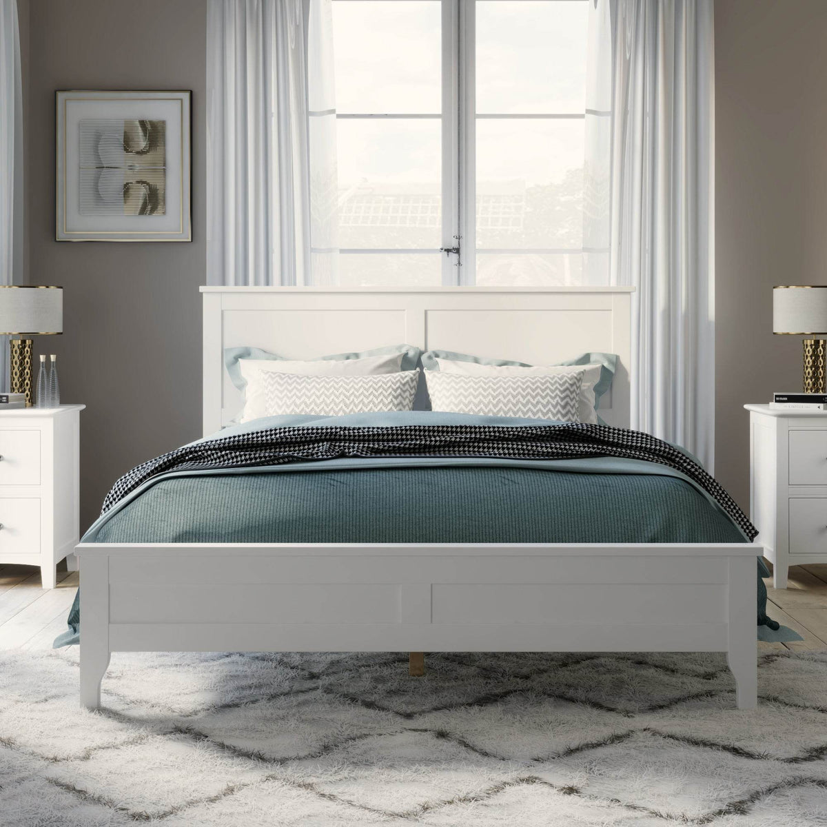 Queen White Solid Wood Pine Platform Bed Frame