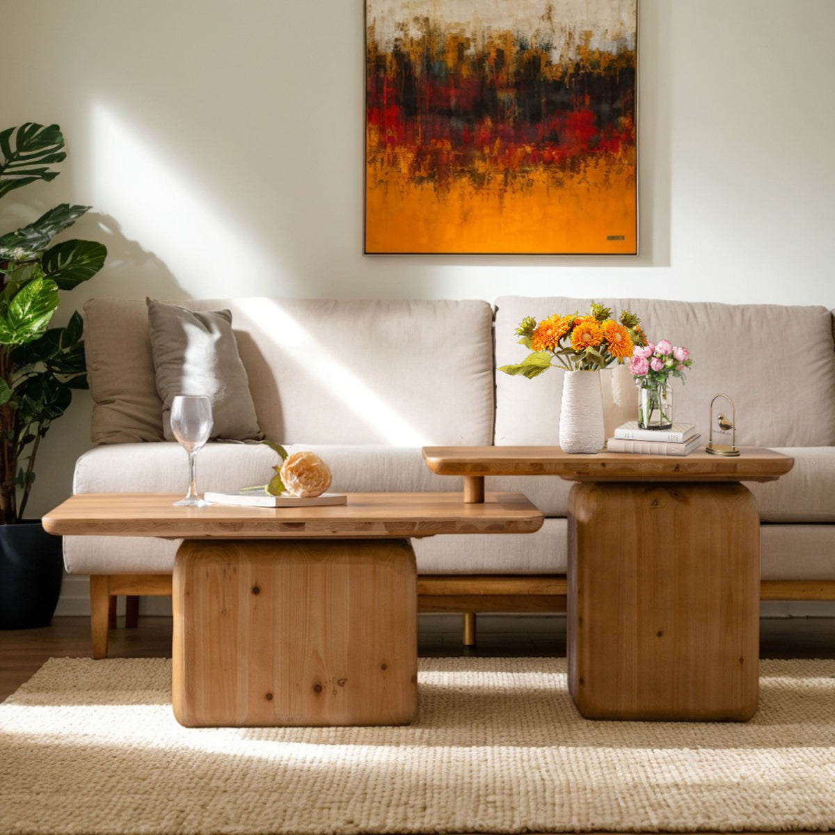 Vintage Style Natural Wood Grain Coffee Table Set Of 2