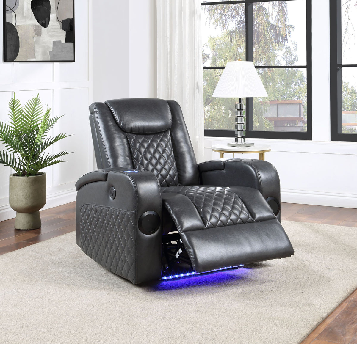 Modern Dark Grey Faux Leather Power Recliner With Bluetooth Speakers