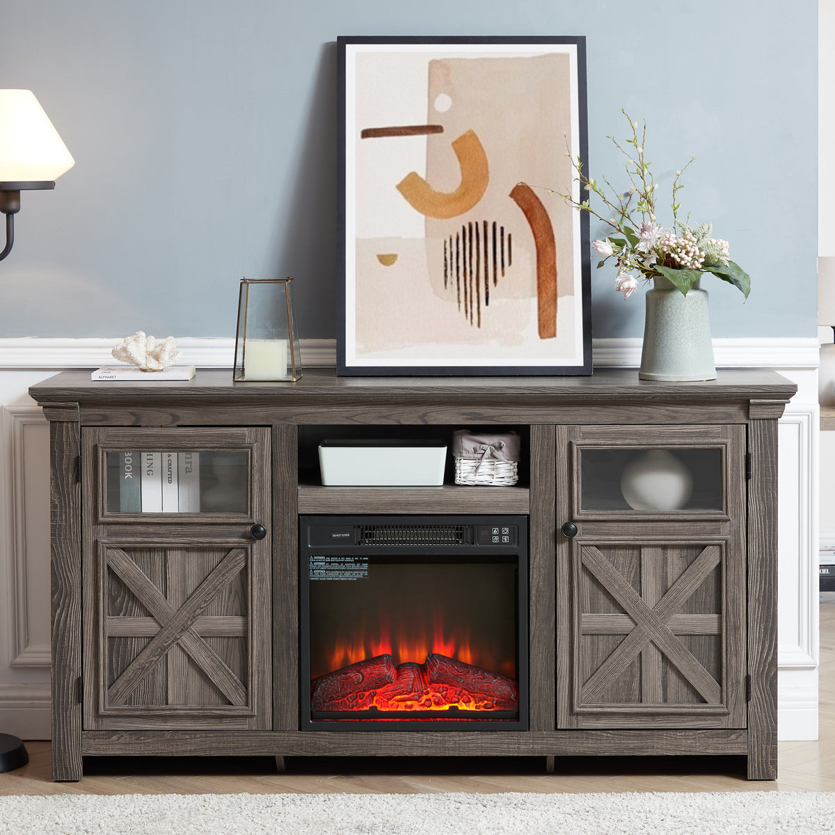 Farmhouse Grey MDF TV Stand With Fireplace Console