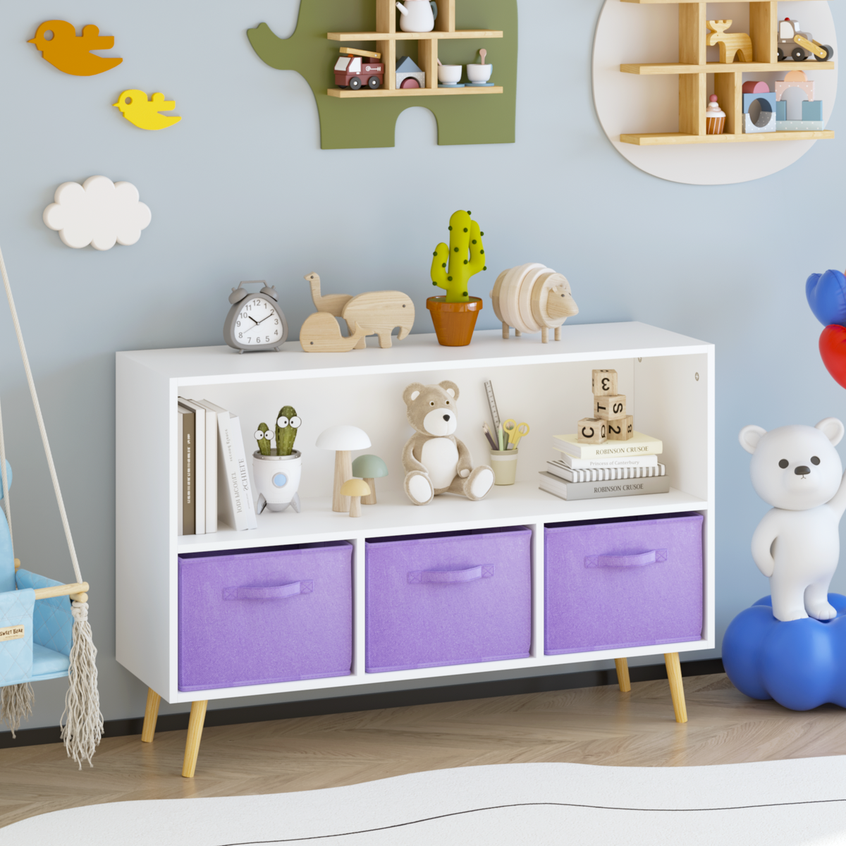 Children’s MDF Bookcase With Collapsible Fabric Drawers