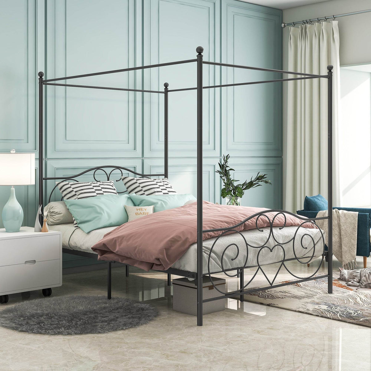Queen Metal Canopy Bed Frame With Vintage Headboard