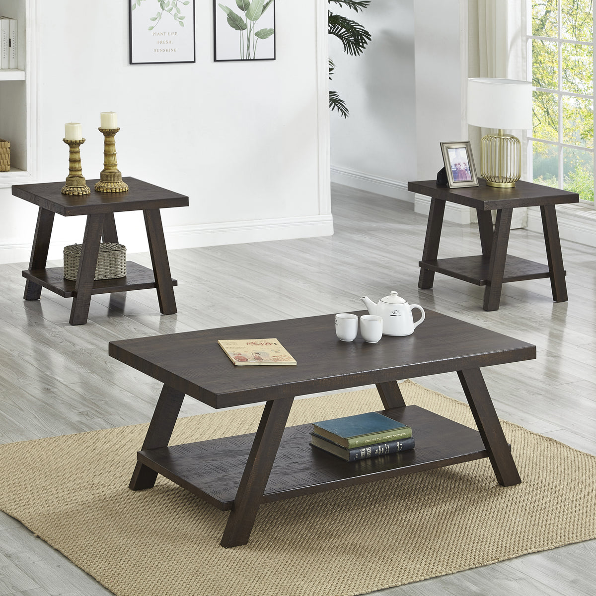 3-Piece Contemporary Wood Shelf Coffee Table Set
