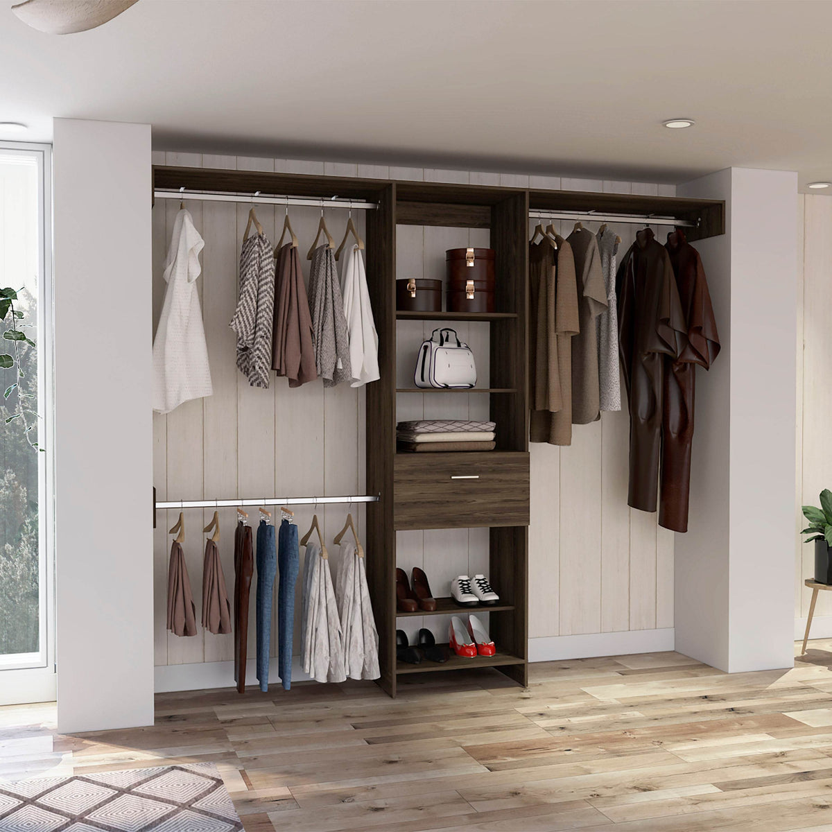 Modern Bedroom Cross Closet System With Drawer and Shelves