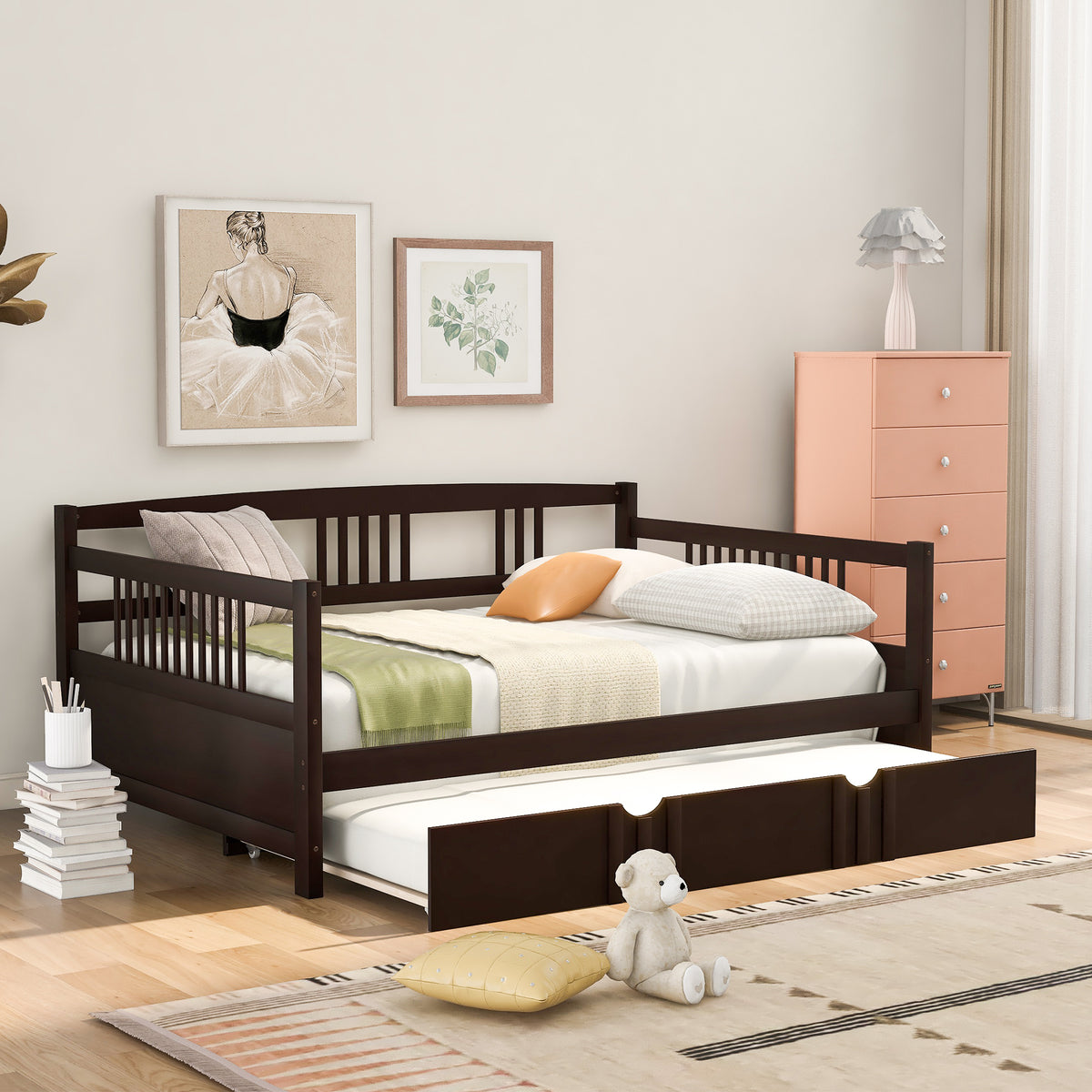 Full Solid Wood Espresso Daybed With Twin Trundle