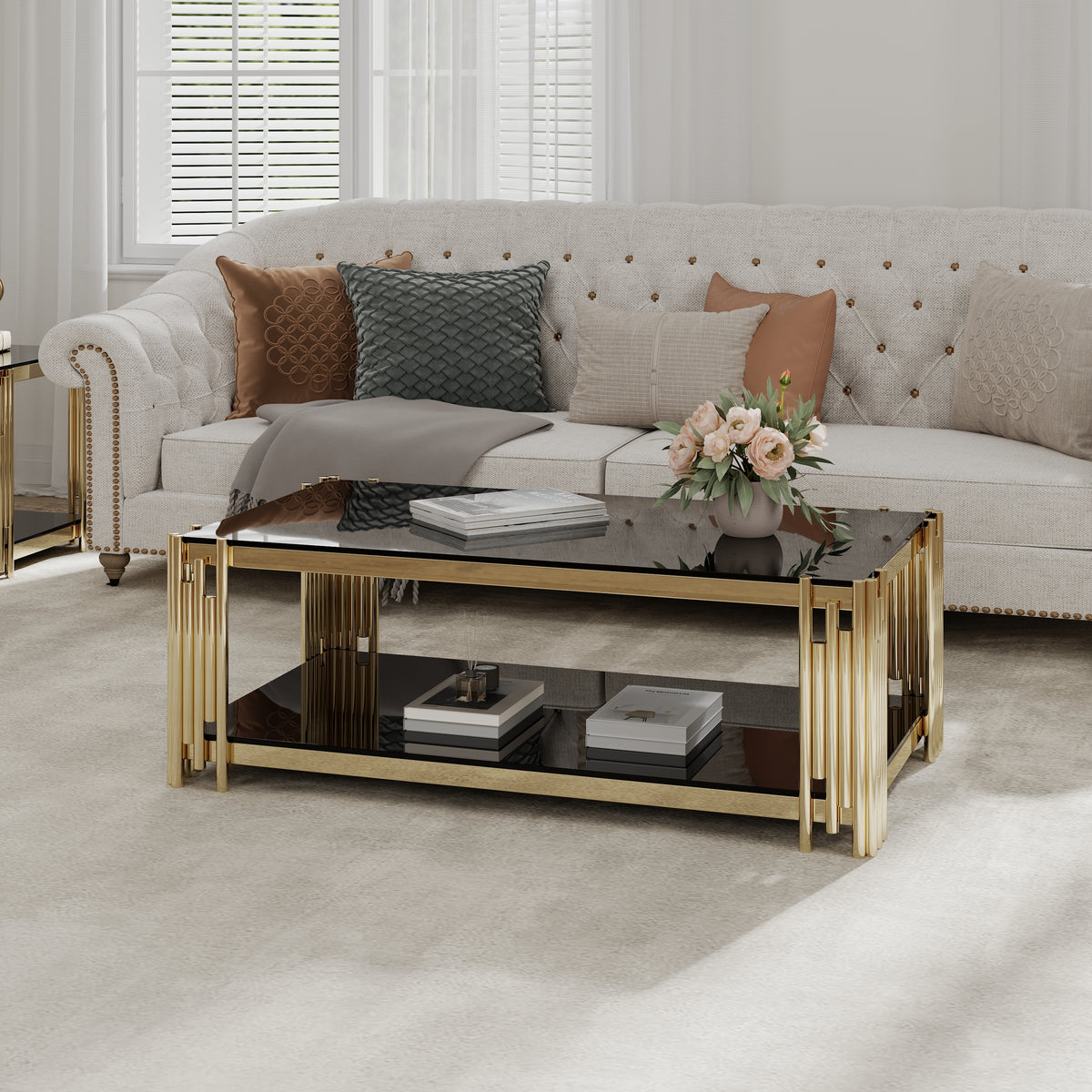 Golden Stainless Steel Rectangular Double-Layer Coffee Table