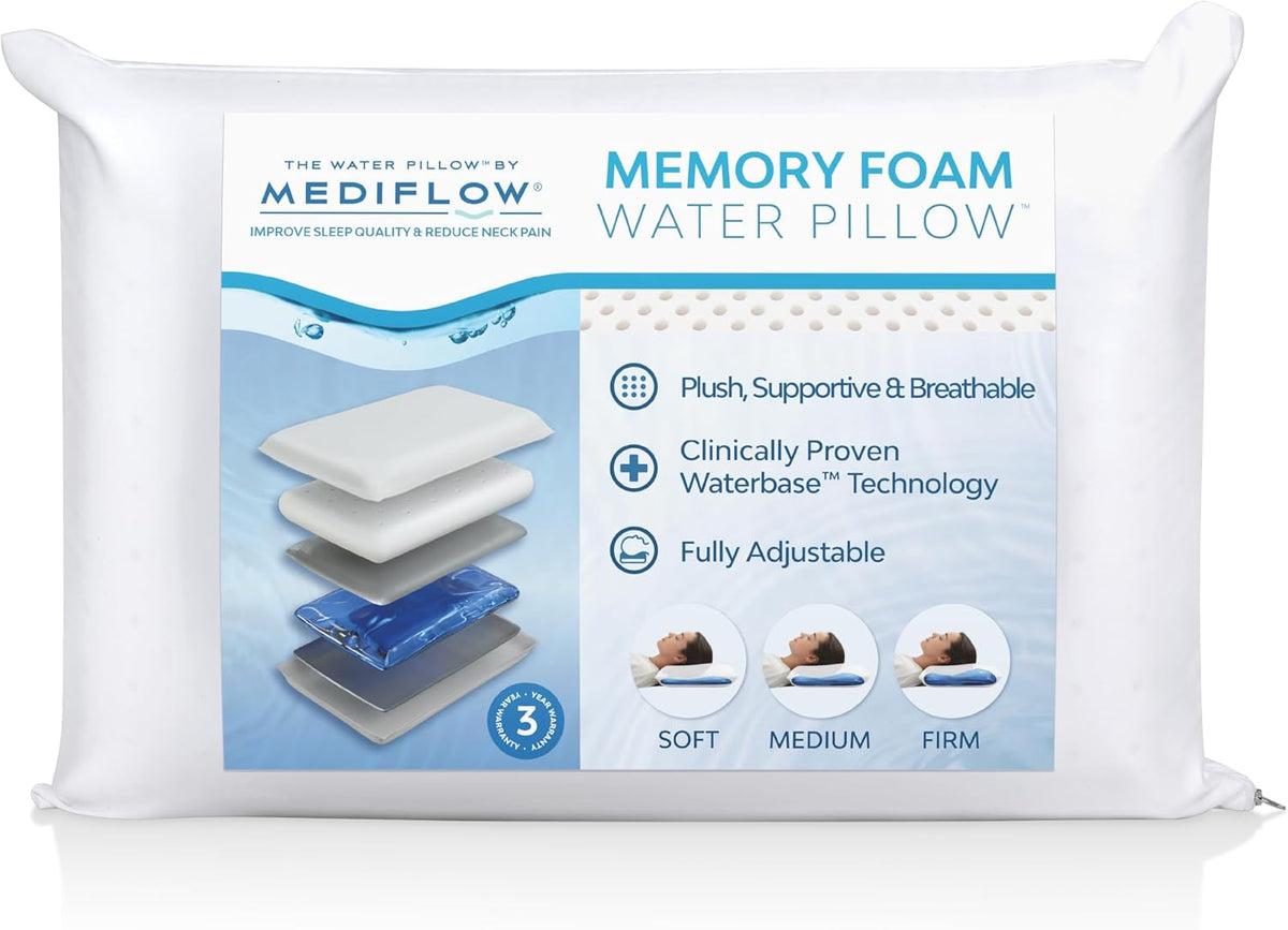Water Pillow Memory Foam Re-Invented with Waterbase Technology - Clinically Proven to Reduce Neck Pain & Improve Sleep Quality. (Single Pack)
