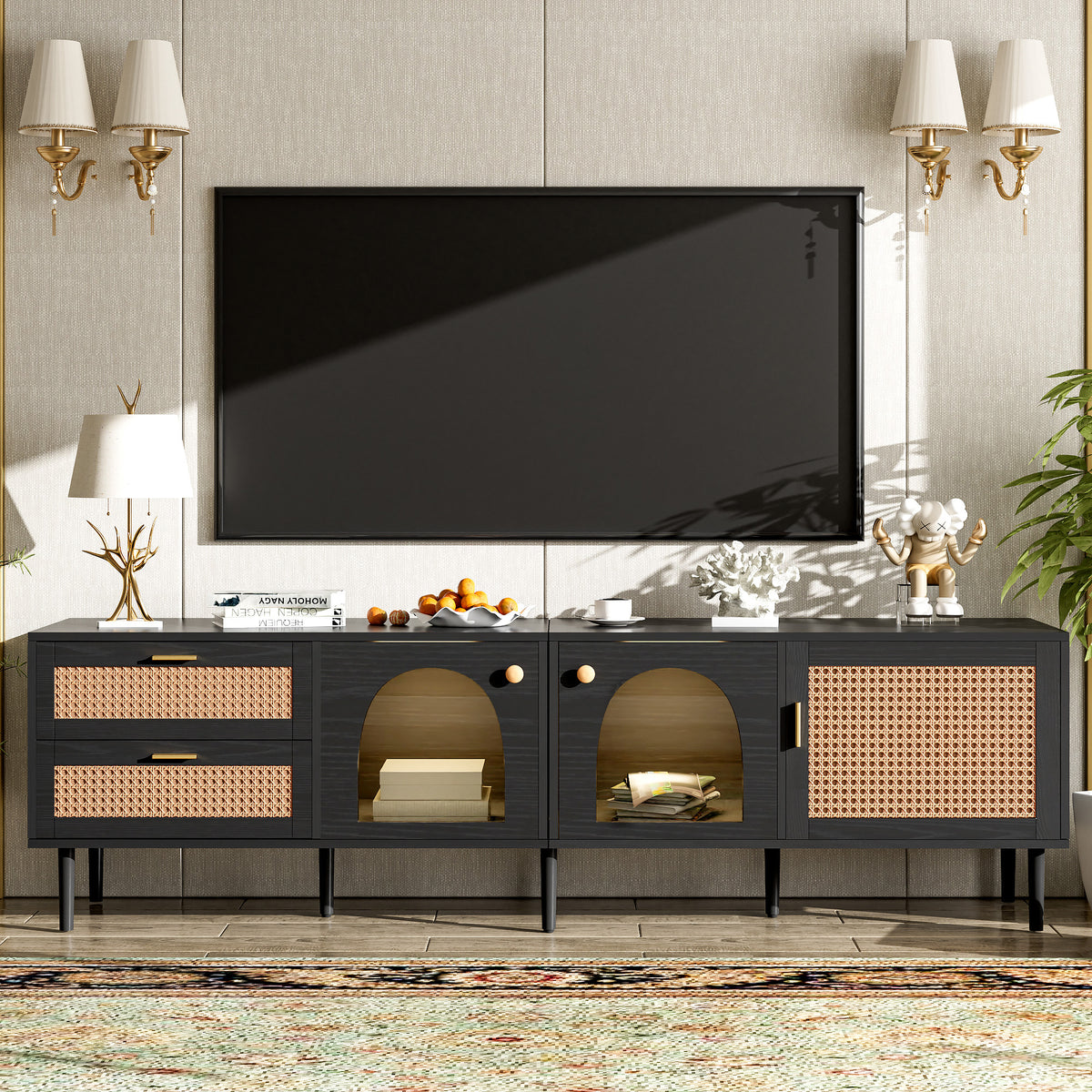 Modern Black Rattan MDF TV Stand With Storage