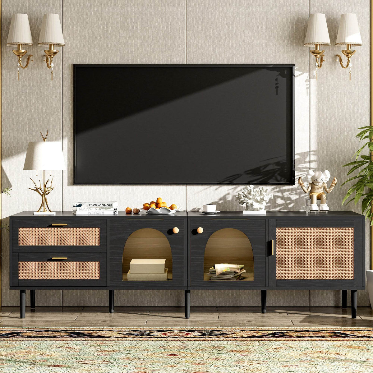Modern Black Rattan TV Stand With Storage Drawers - Sleep Galleria