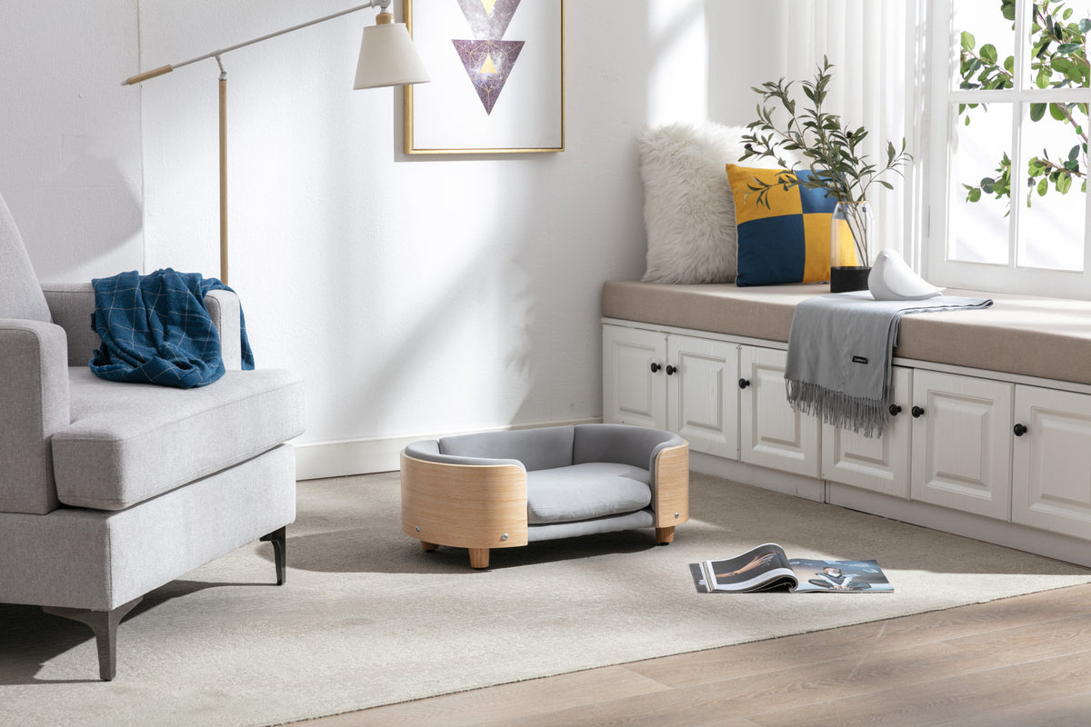 Scandinavian Style Solid Wood Elevated Pet Bed With Velvet Cushion