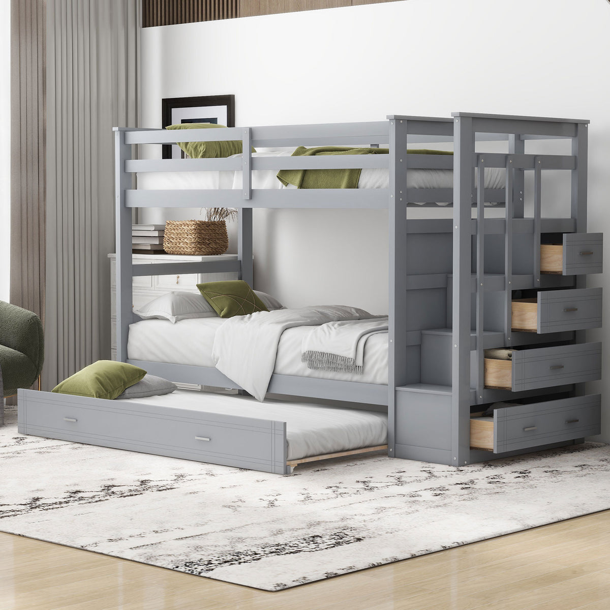 Twin-Over-Twin Solid Wood Bunk Bed With Trundle