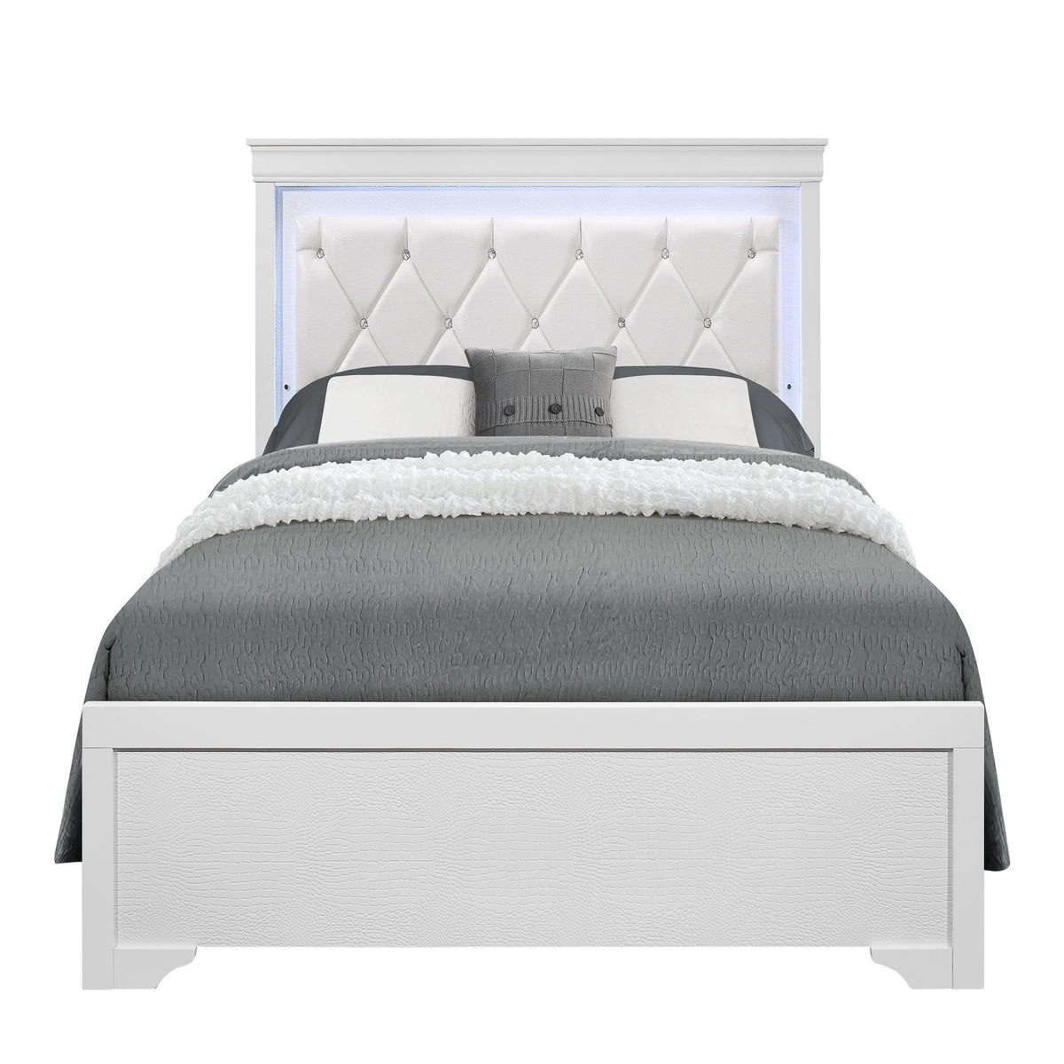 Full Panel Bed With Crystal Tufted Padded Headboard And LED Lighting