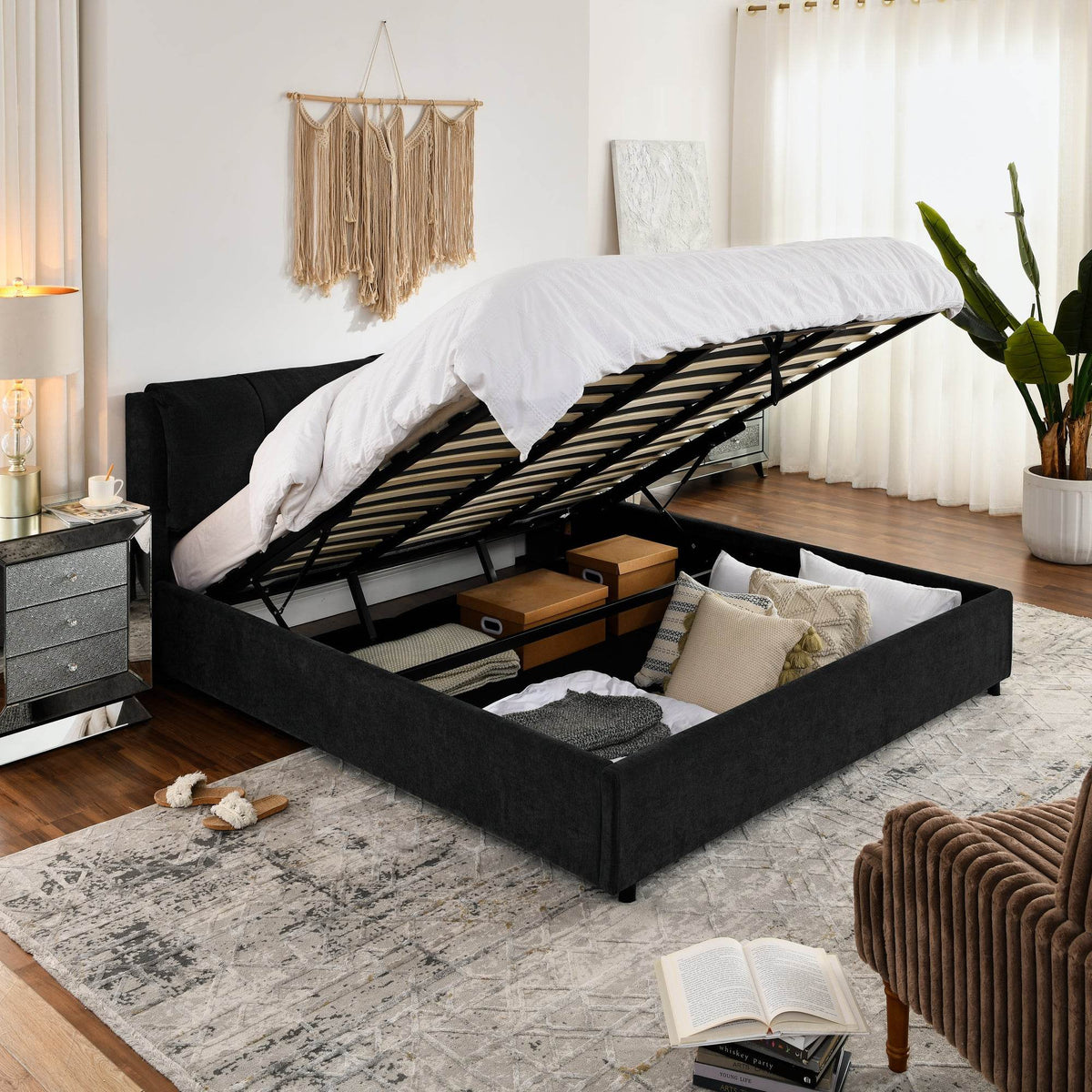 King Chenille Upholstered Hydraulic Storage Platform Bed Frame