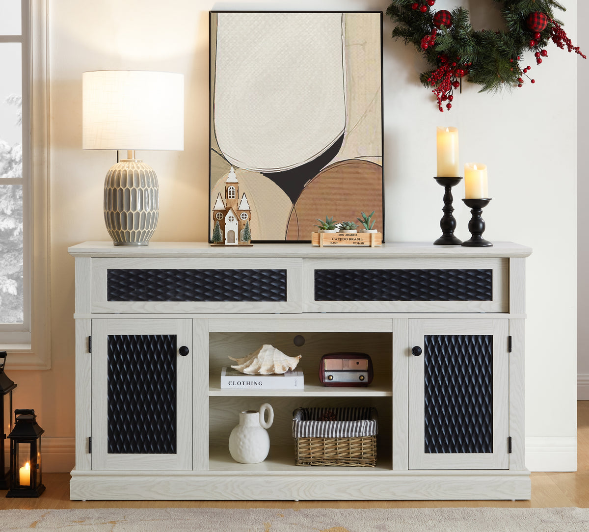 Embossed White MDF TV Stand With Storage and Cord Management
