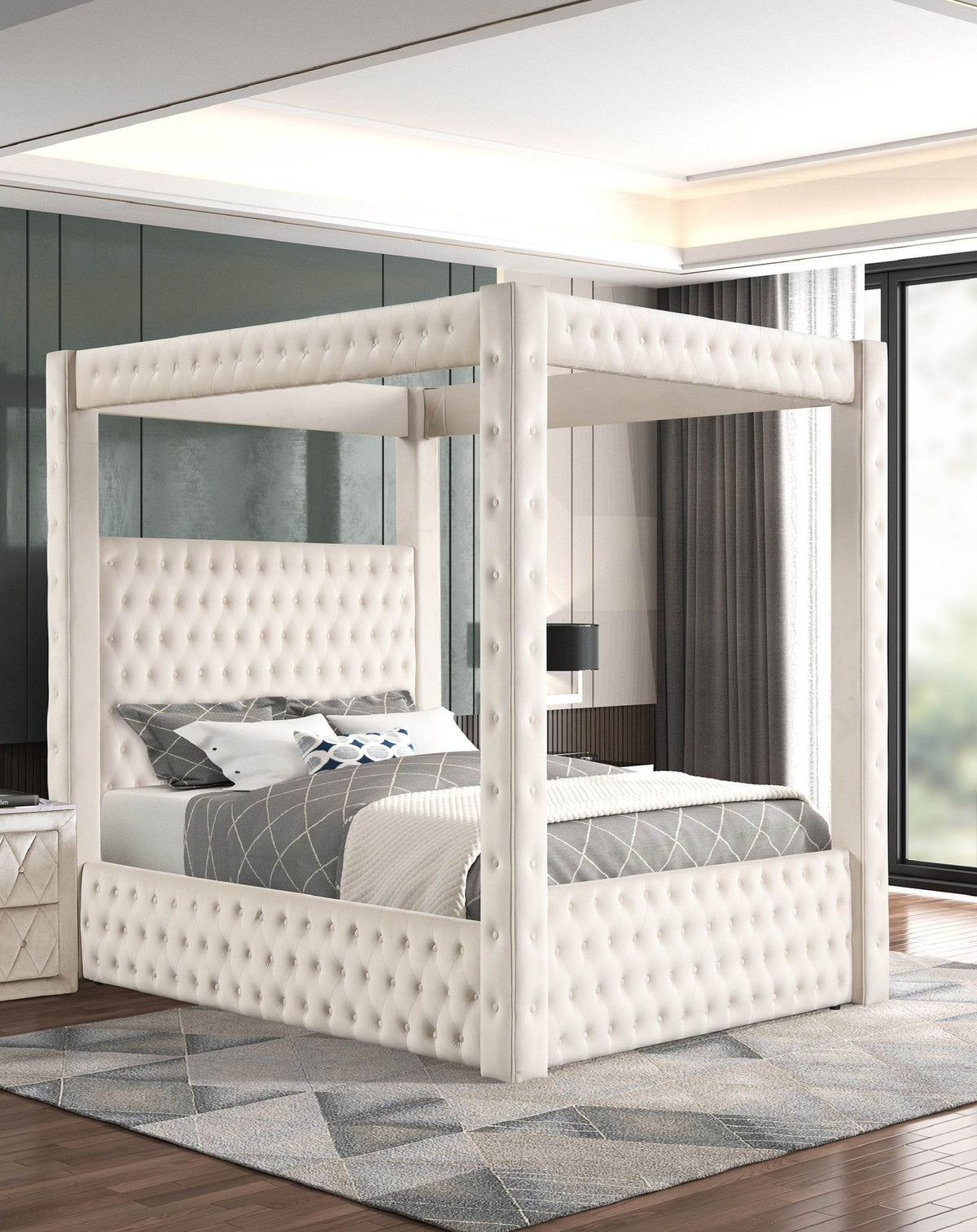 Majestic Ivory Velvet Four-Poster King Bed Frame