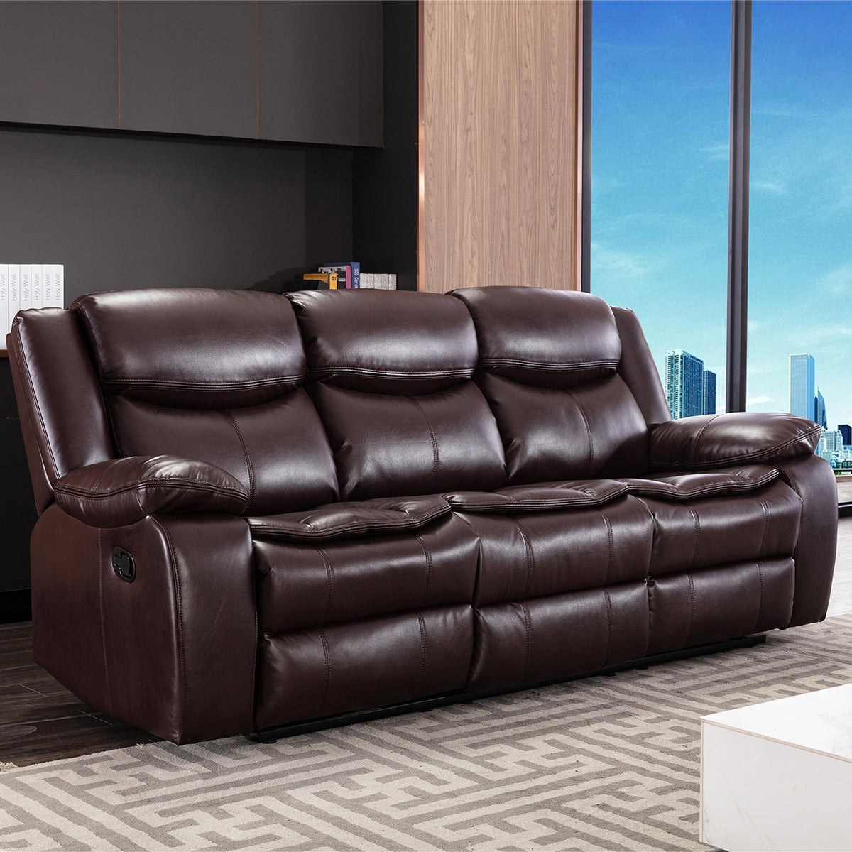 Leather Manual Reclining Sectional Sofa With Pillow Top Arms