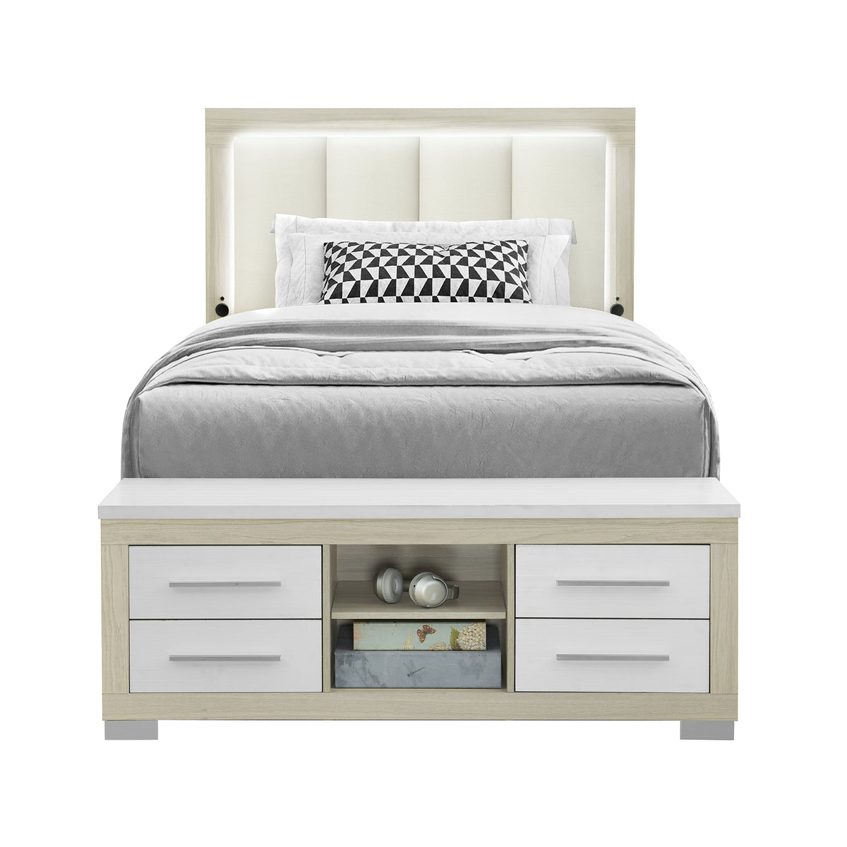 King Modern Rubberwood Panel Bed With Storage Features