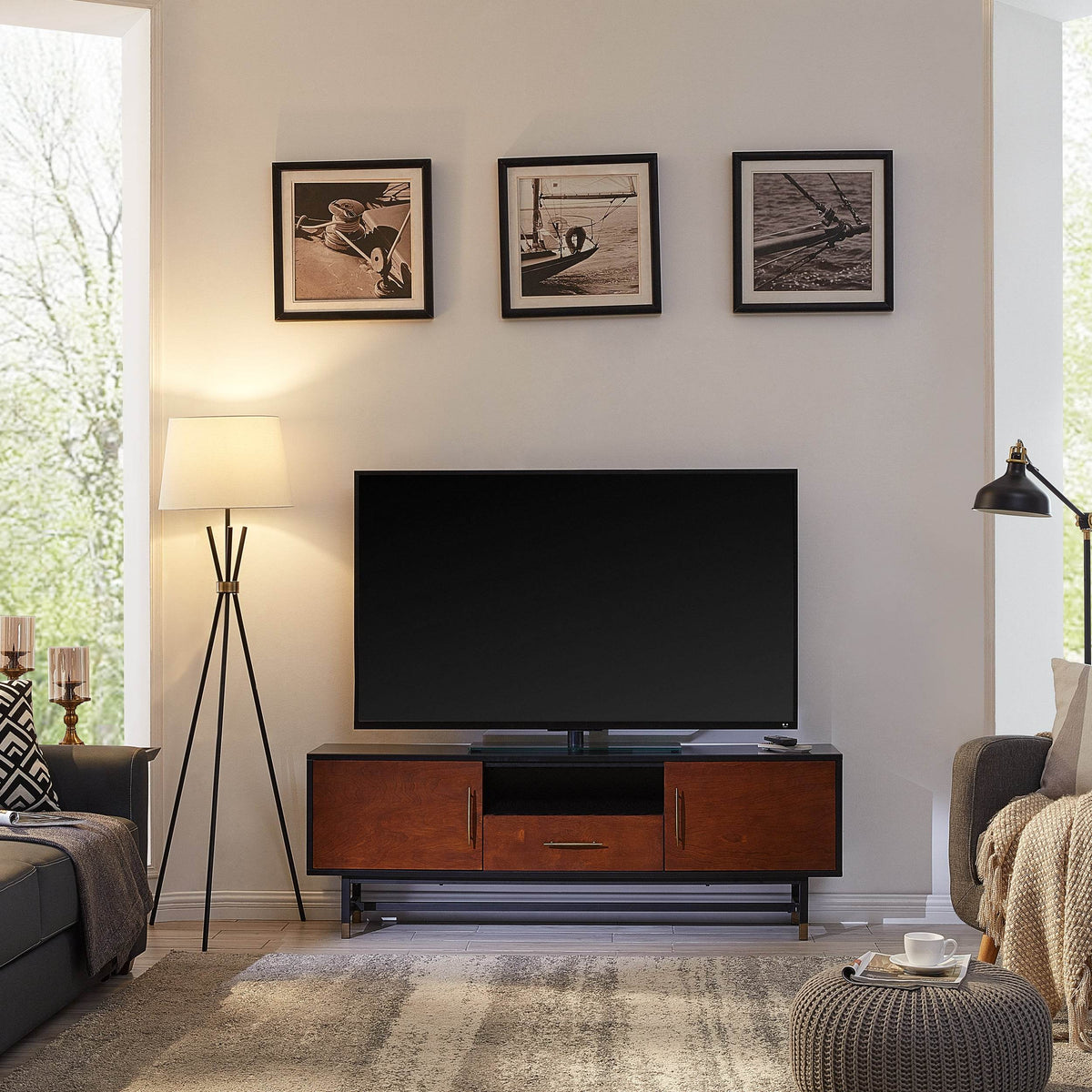 Midcentury Modern Black MDF Media Console Cabinet - Sleep Galleria