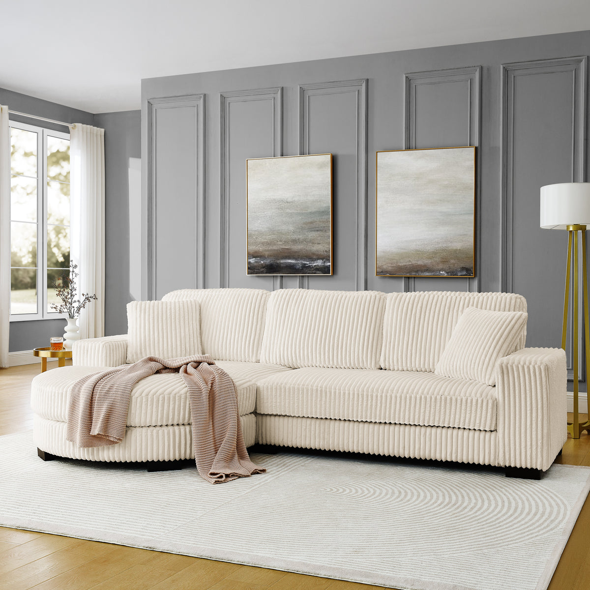 Convertible Corduroy Tufted L-Shape Sleeper Sofa