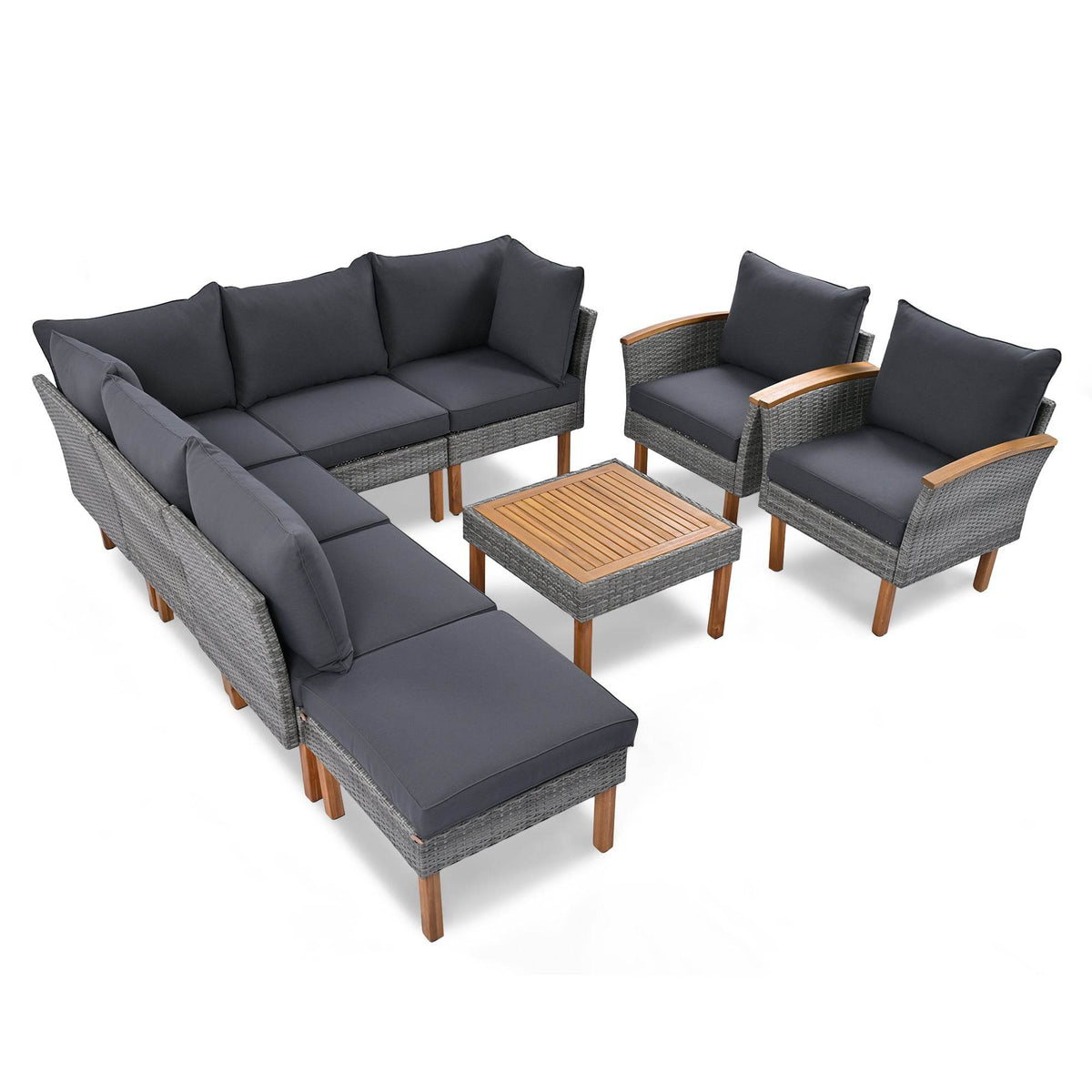 9-Piece Gray PE Rattan Patio Furniture Set With Cushions