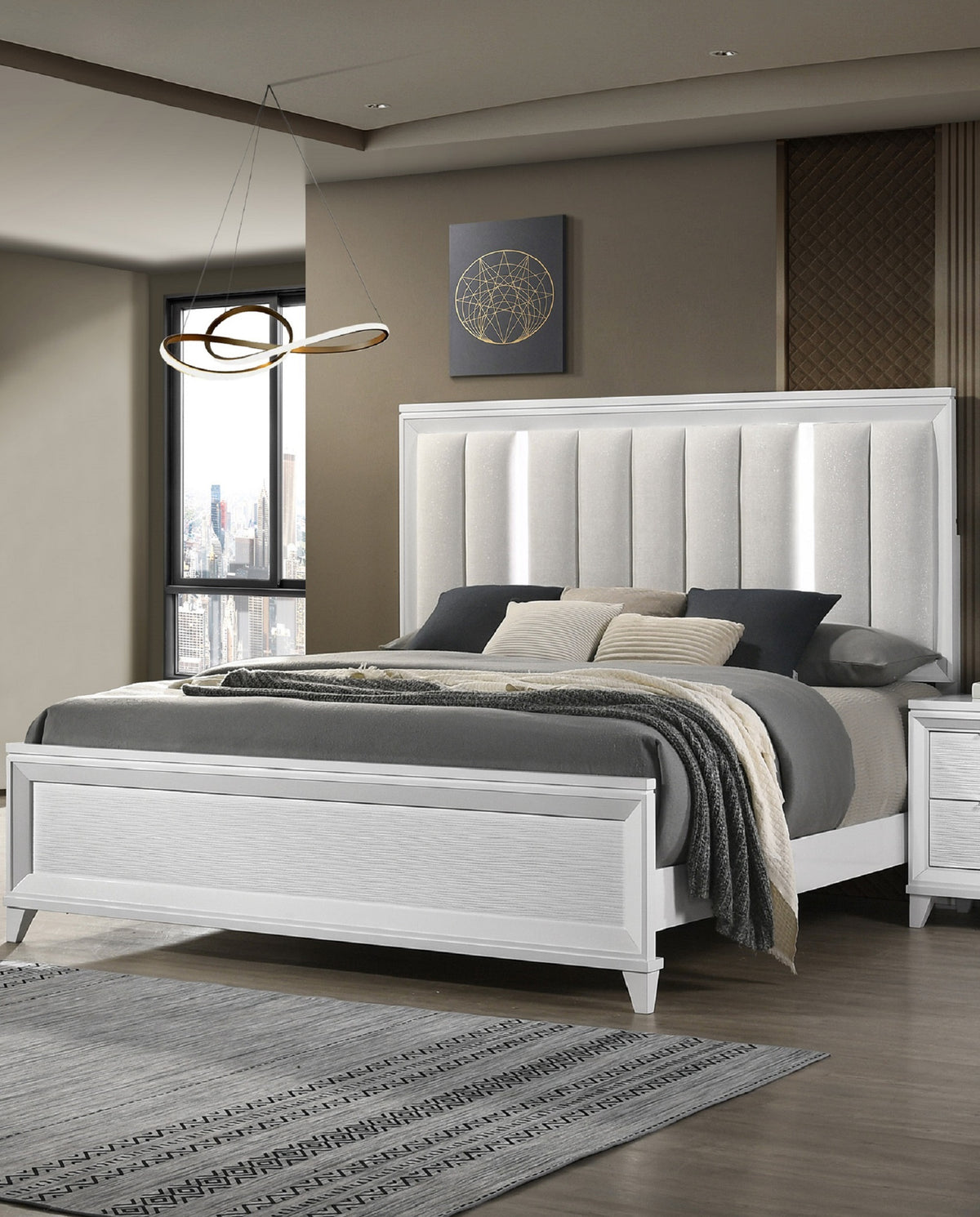 Modern LED Light Linen Upholstered King Panel Bed Frame