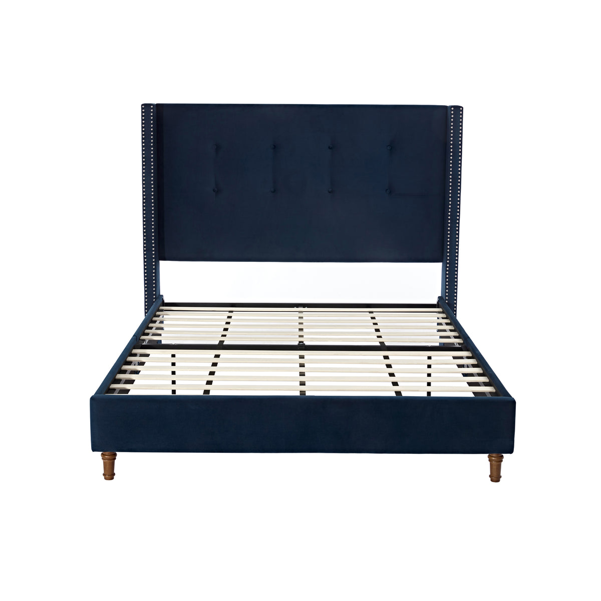Queen Upholstered Blue Velvet Bed Frame With Tufted Headboard