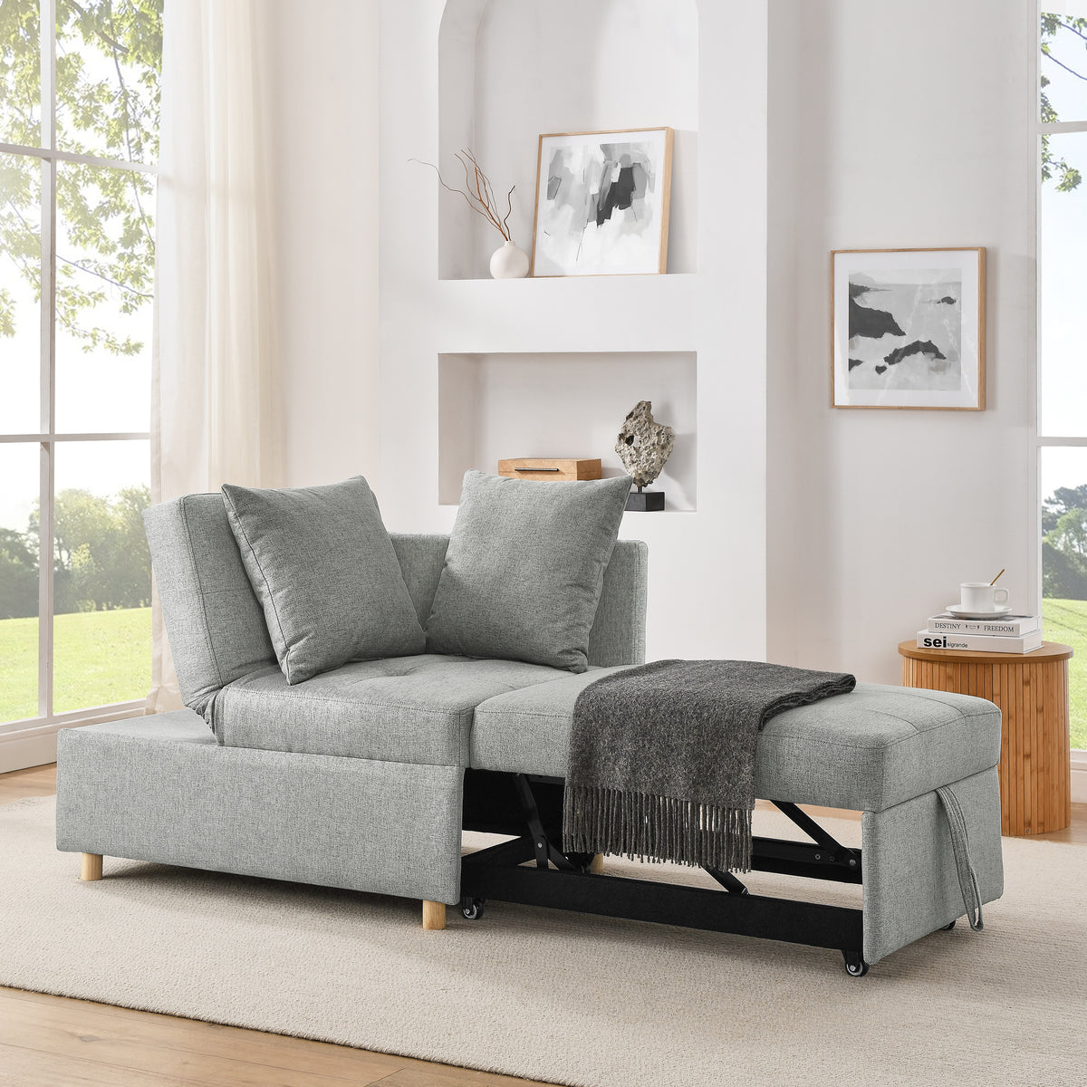 Convertible Linen Sleeper Sofa Chair With Adjustable Backrest