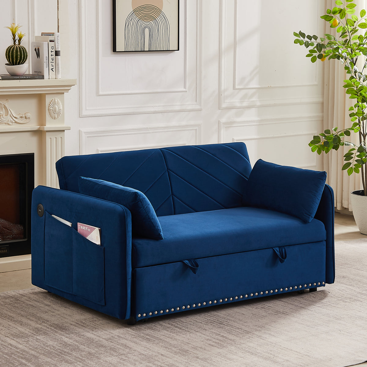Adjustable Velvet Sleeper Sofa Bed With USB Port