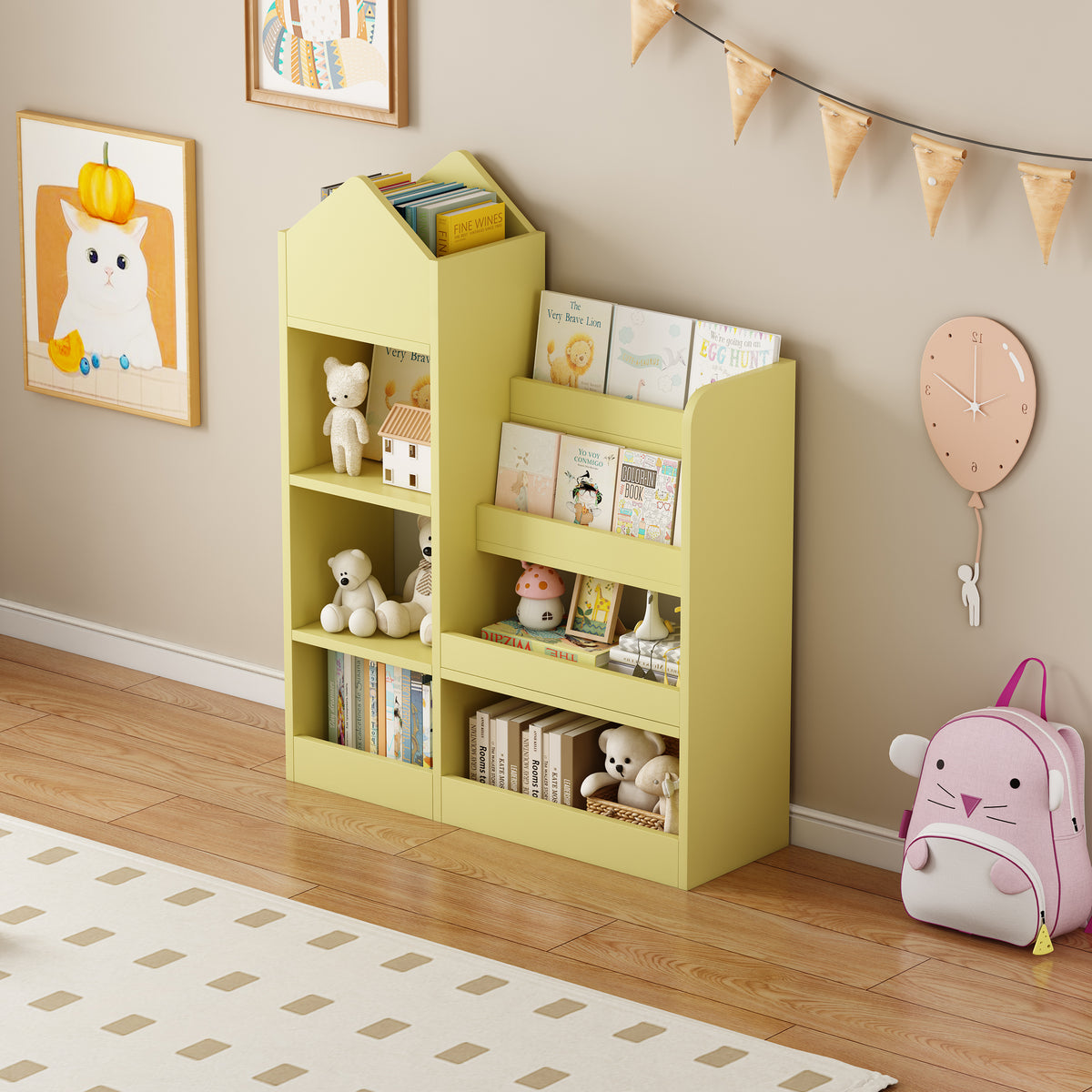 Kids Wooden Bookshelf Storage Organizer With Baskets