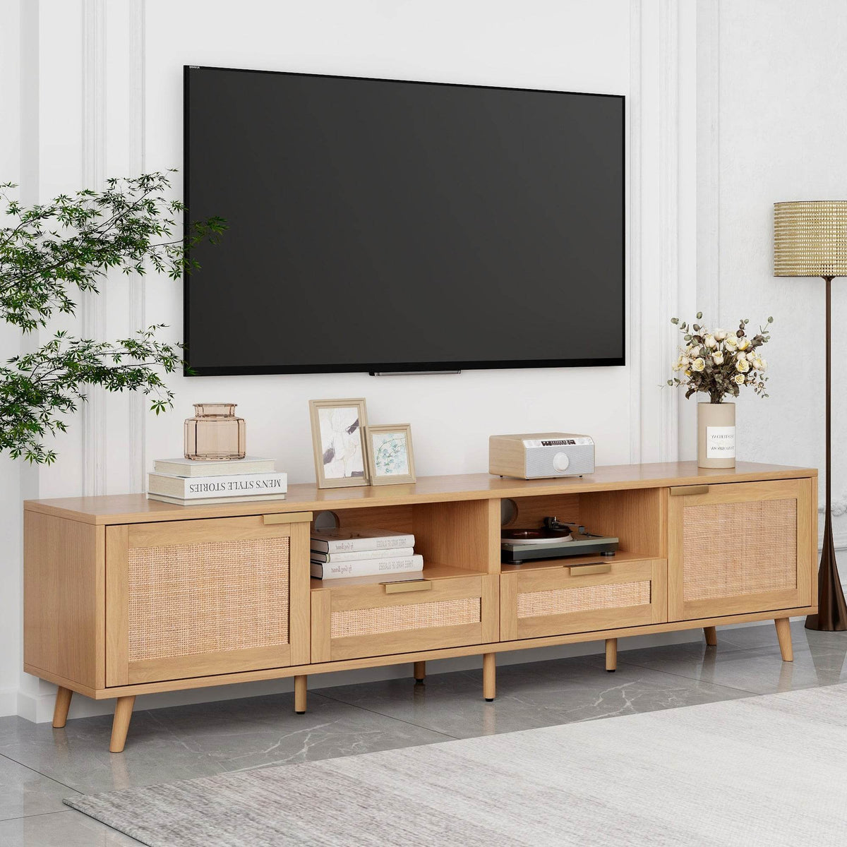 Modern Rattan TV Stand With Storage Cabinets - Sleep Galleria