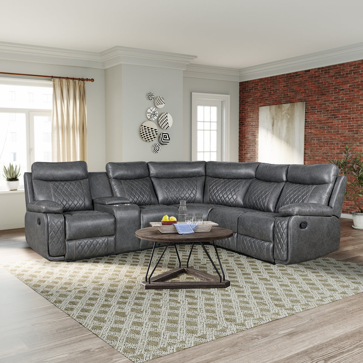 Manual Recliner Sofa With PU Upholstery And Cup Holders