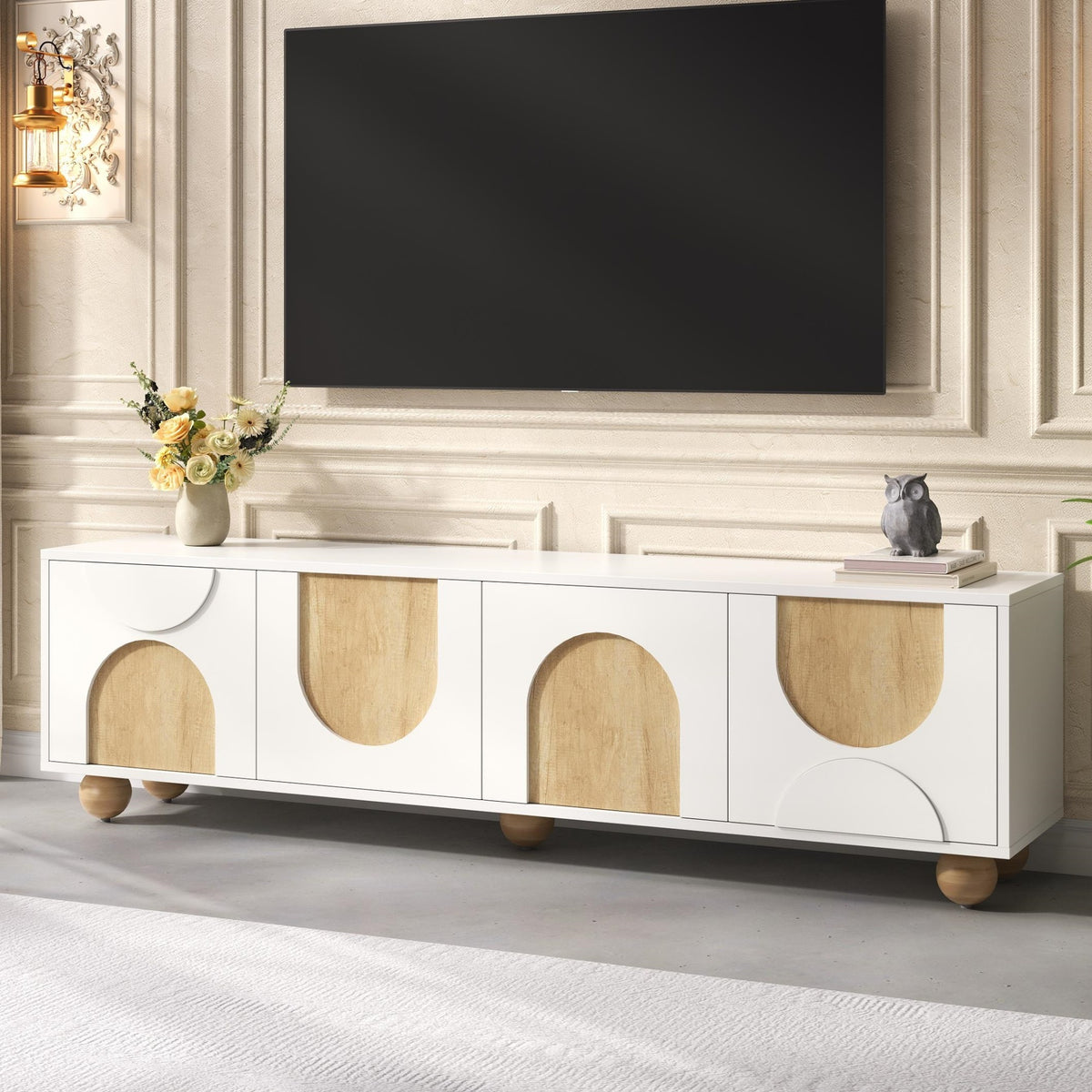 Farmhouse White MDF TV Stand With Cable Management