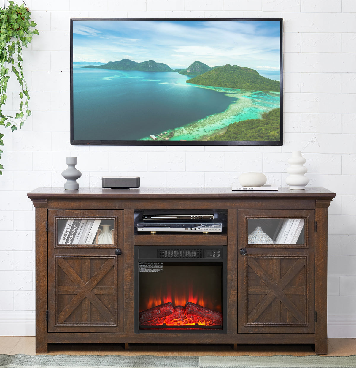 Farmhouse Espresso TV Stand With Fireplace Insert